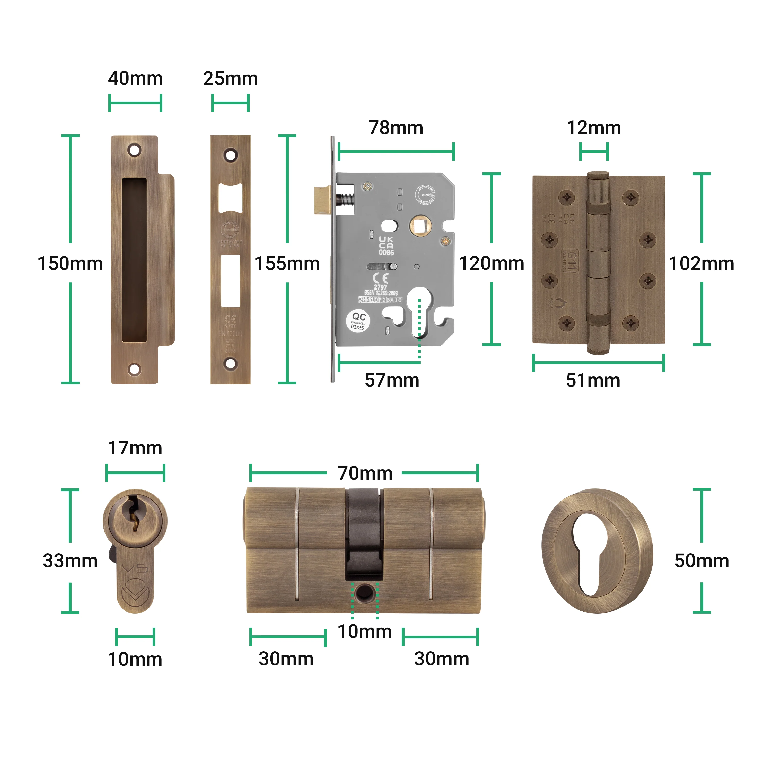 Tapera Antique Brass Lever on Rose Door Handle Kit - Medium Duty FD30/60 - 80mm Euro Sashlock and Double Cylinder - Master Keyed - Image 5