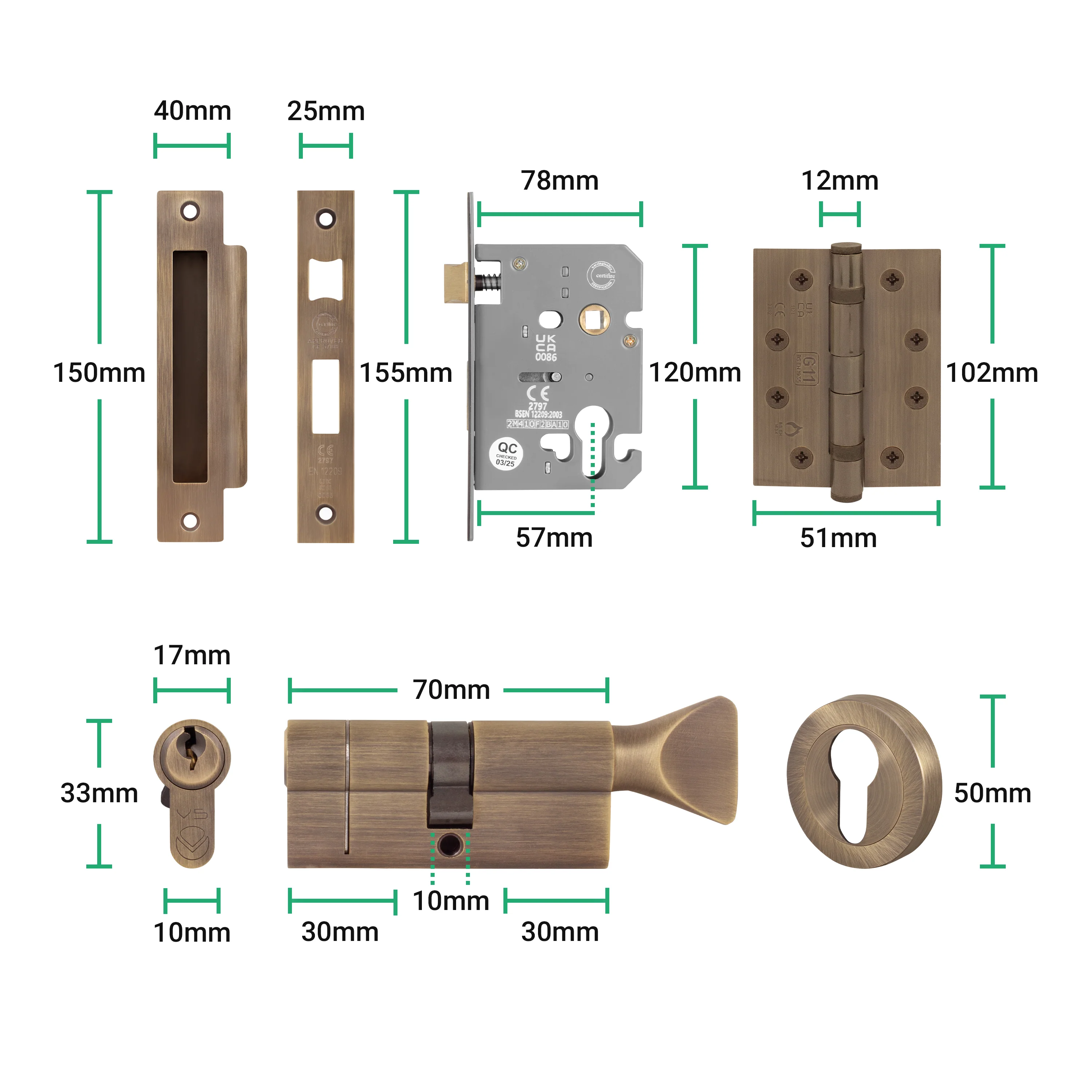 Tapera Antique Brass Lever on Rose Door Handle Kit - Medium Duty FD30/60 - 80mm Euro Sashlock and Thumbturn Cylinder - Keyed Alike - Image 5