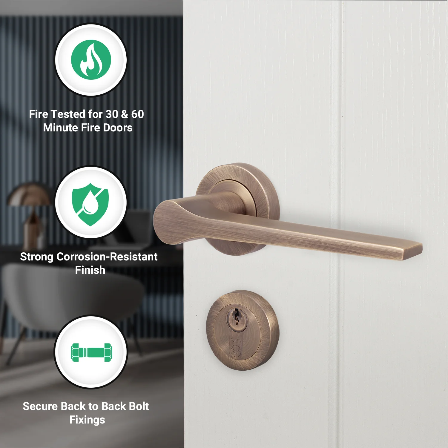 Tapera Antique Brass Lever on Rose Door Handle Kit - Medium Duty FD30/60 - 80mm Euro Sashlock and Thumbturn Cylinder - Keyed to Differ - Image 2