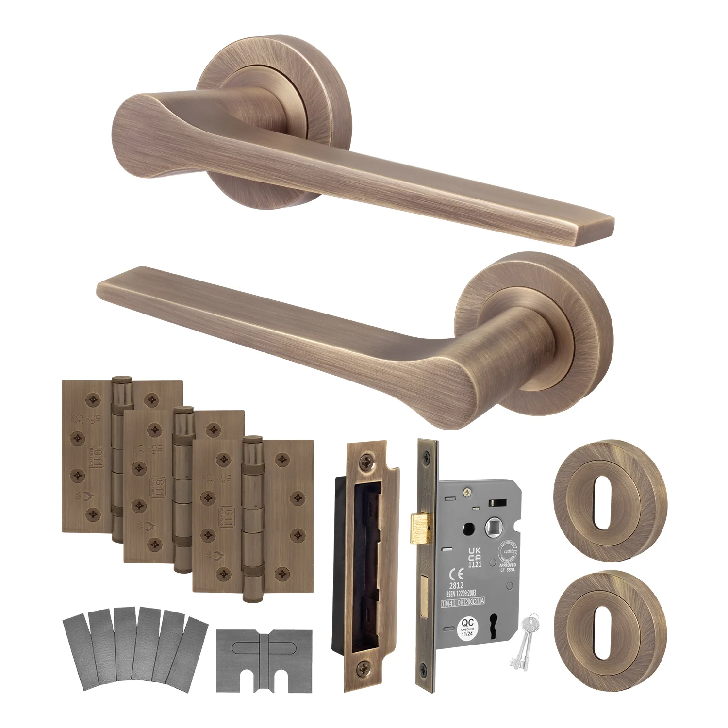 Tapera Antique Brass Lever on Rose Door Handle Kit - Medium Duty FD30/60 - 80mm Sashlock