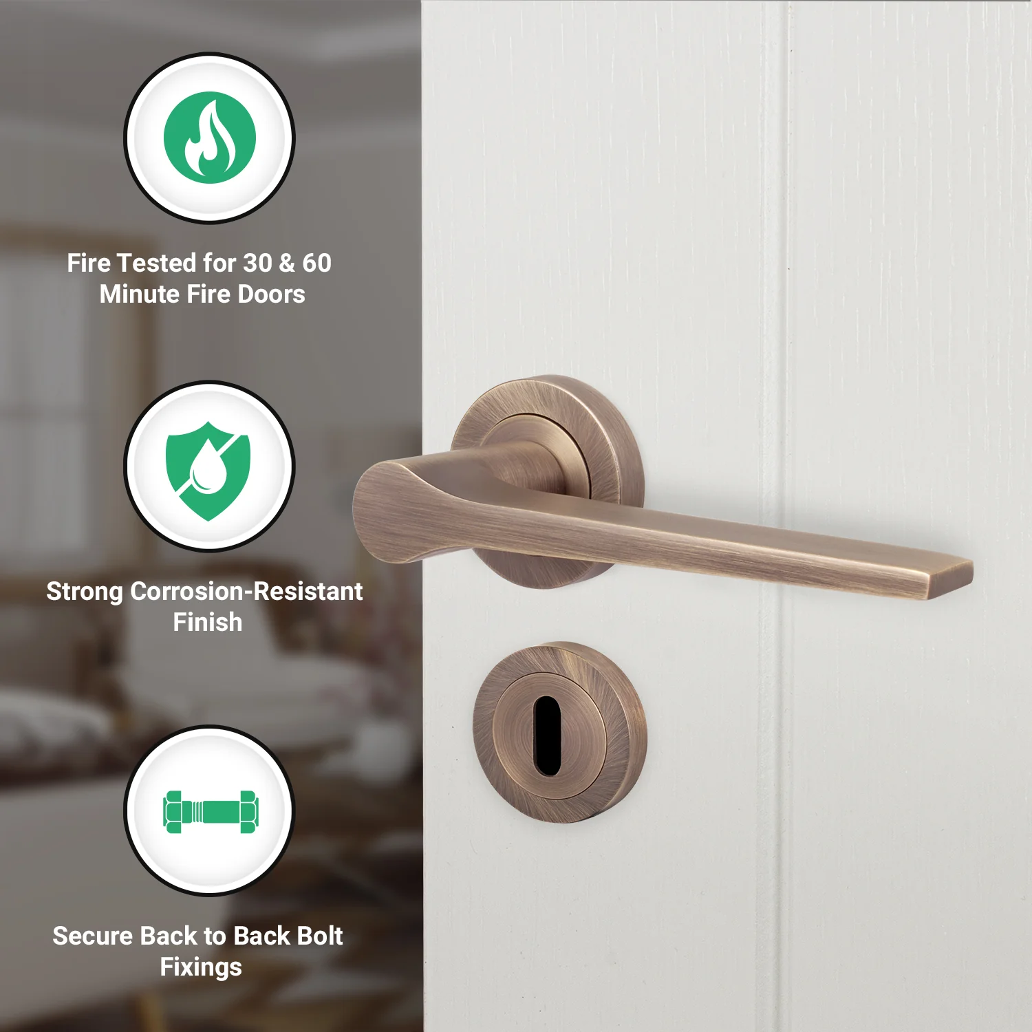 Tapera Antique Brass Lever on Rose Door Handle Kit - Medium Duty FD30/60 - 80mm Sashlock - Image 2