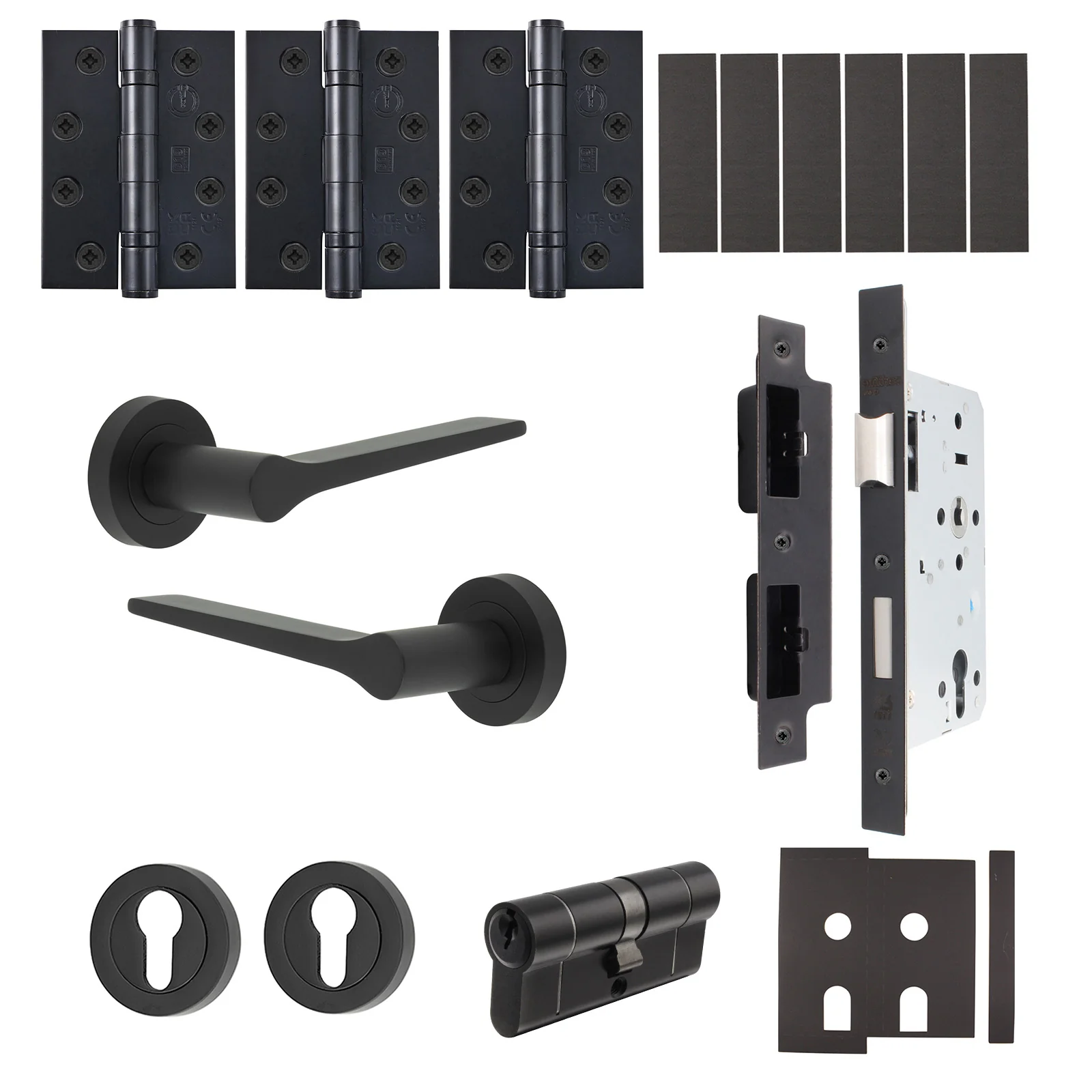 Tapera Matt Black Lever on Rose Door Handle Kit - Heavy Duty FD30/60 - DIN Euro Sashlock and Double Cylinder - Master Keyed