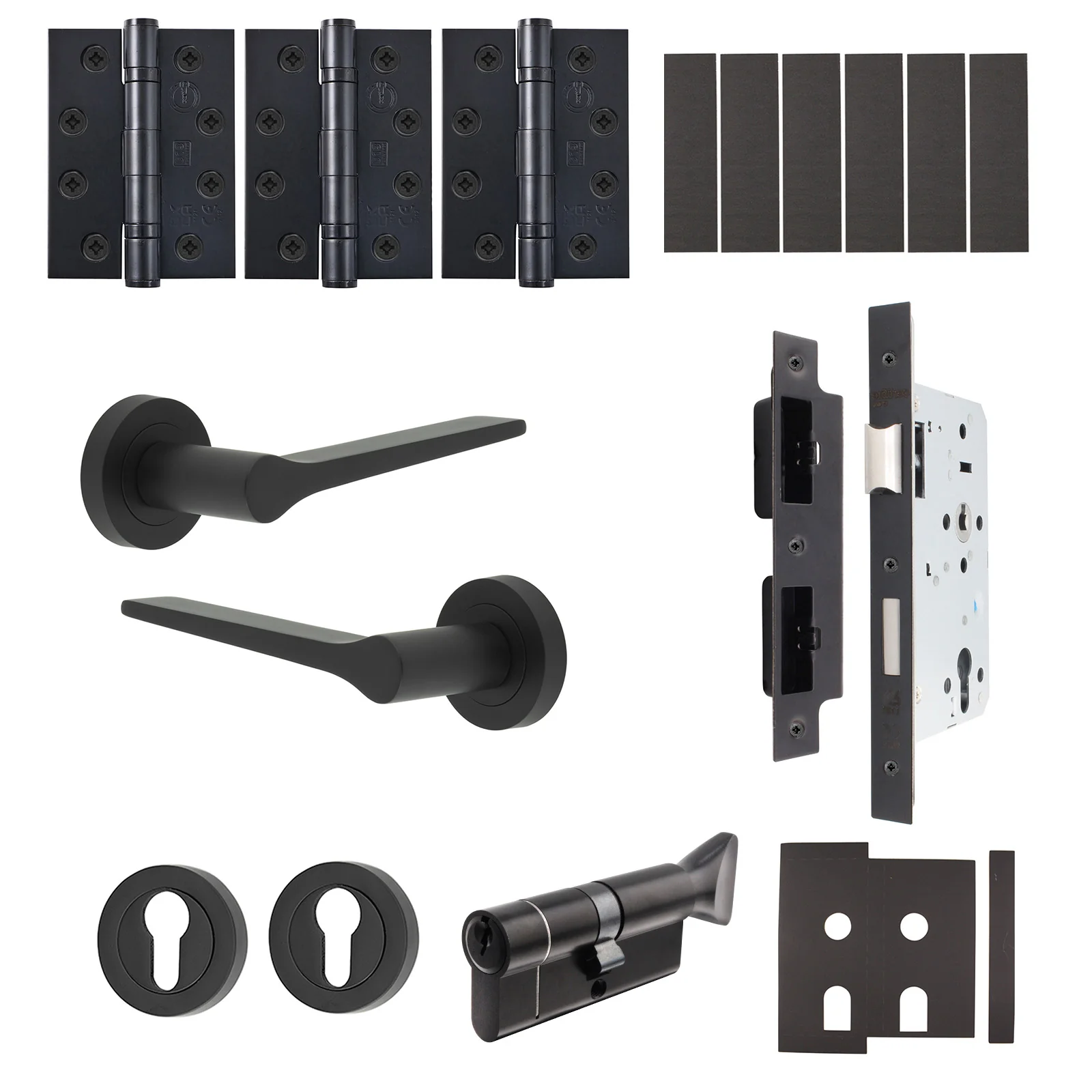 Tapera Matt Black Lever on Rose Door Handle Kit - Heavy Duty FD30/60 - DIN Euro Sashlock and Thumbturn Cylinder - Master Keyed