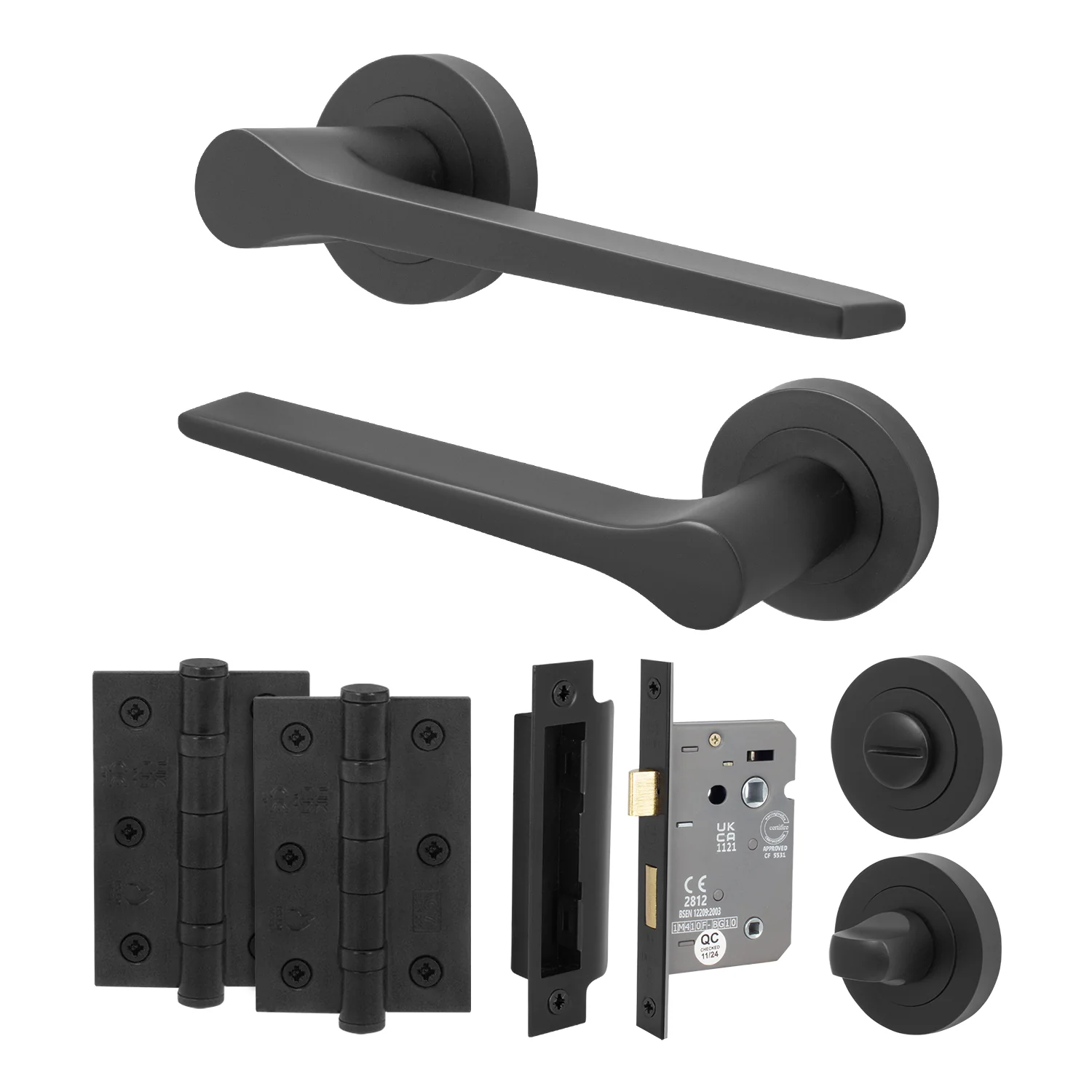 Tapera Matt Black Lever on Rose Door Handle Kit - 64mm Bathroom Lock