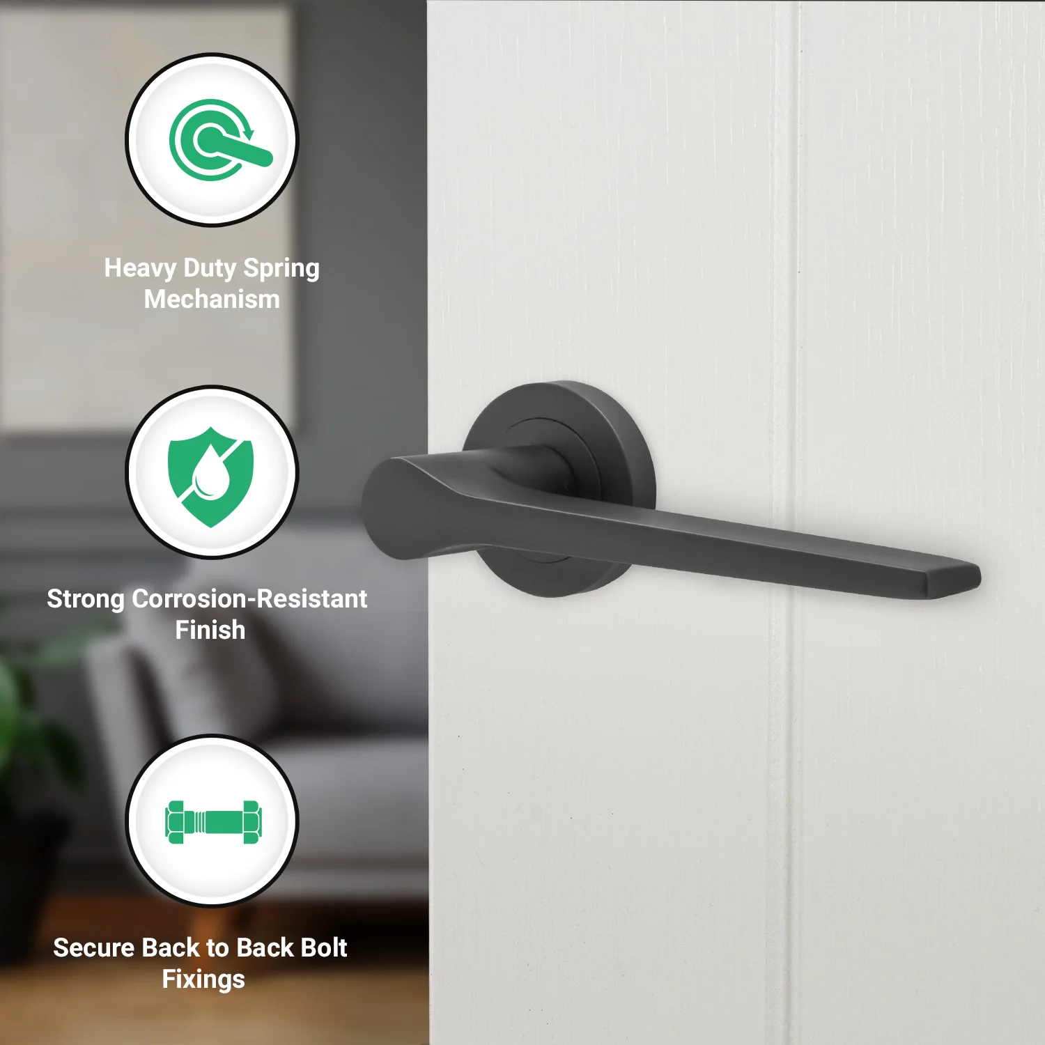Tapera Matt Black Lever on Rose Door Handle Kit - 64mm Latch - Image 2