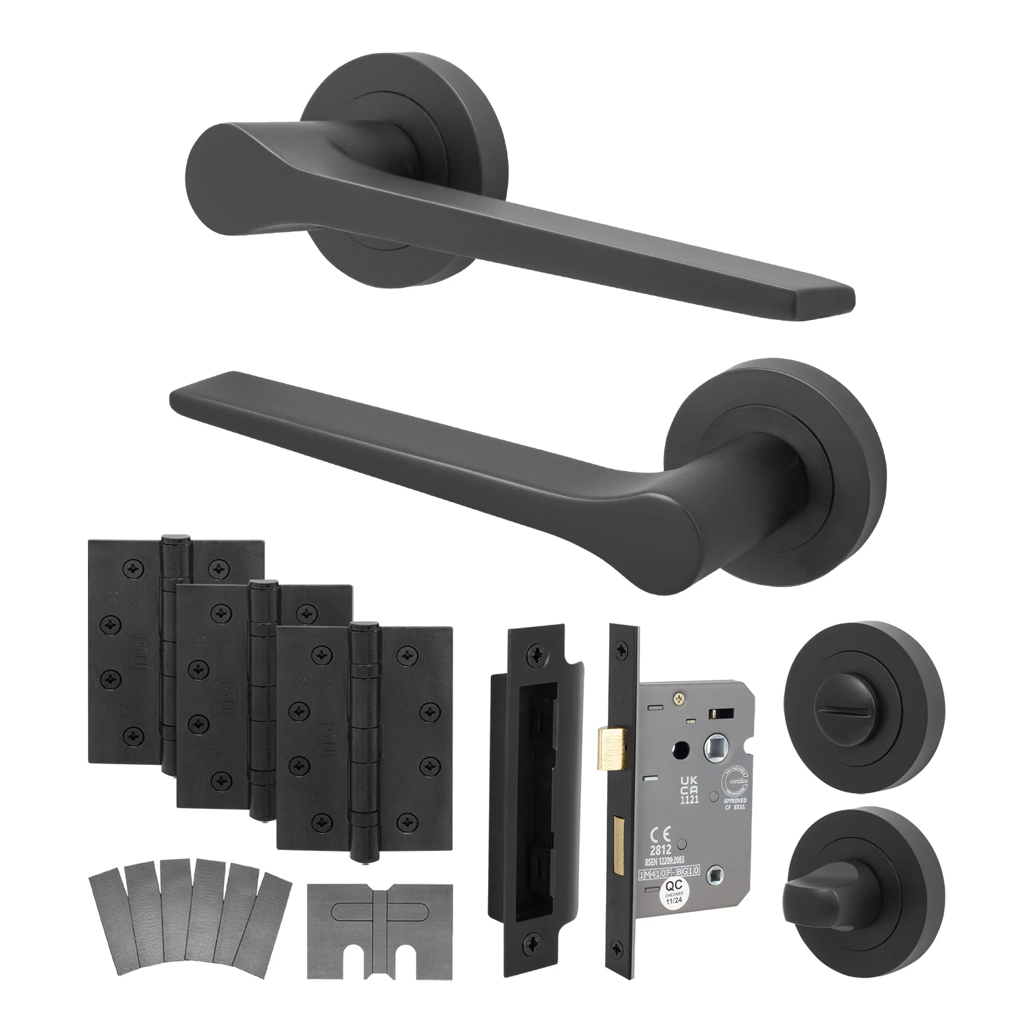 Tapera Matt Black Lever on Rose Door Handle Kit - Medium Duty FD30/60 - 80mm Bathroom Lock