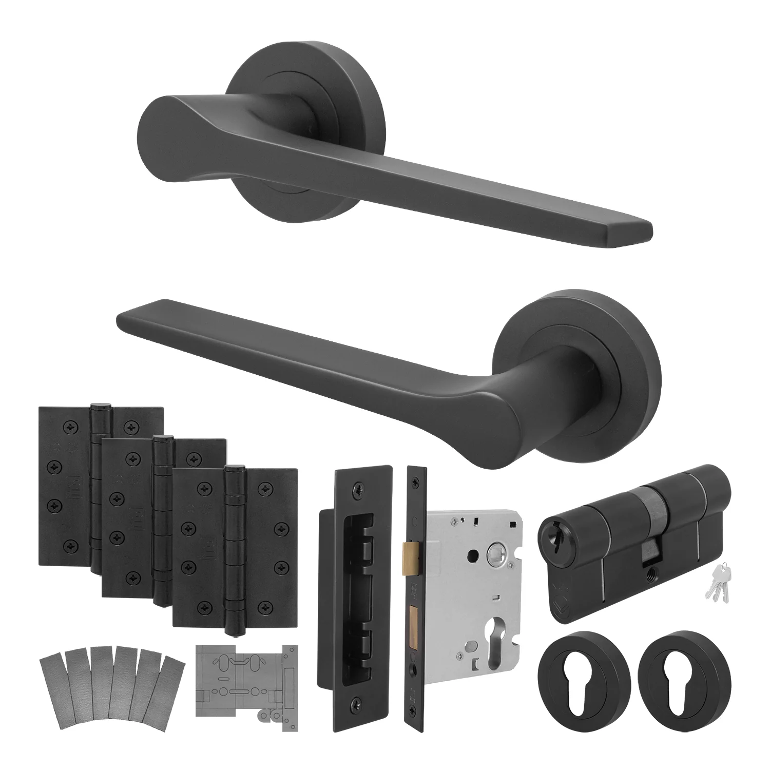 Tapera Matt Black Lever on Rose Door Handle Kit - Medium Duty FD30/60 - 80mm Euro Sashlock and Double Cylinder - Keyed to Differ