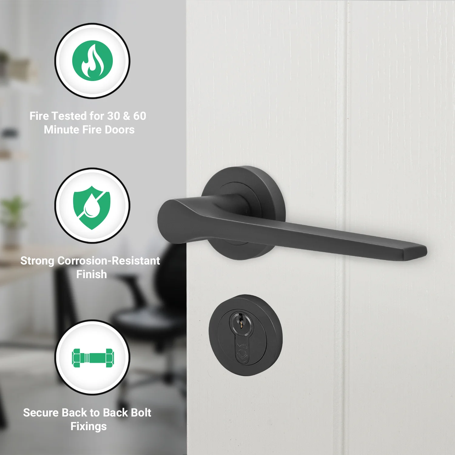 Tapera Matt Black Lever on Rose Door Handle Kit - Medium Duty FD30/60 - 80mm Euro Sashlock and Double Cylinder - Master Keyed - Image 2