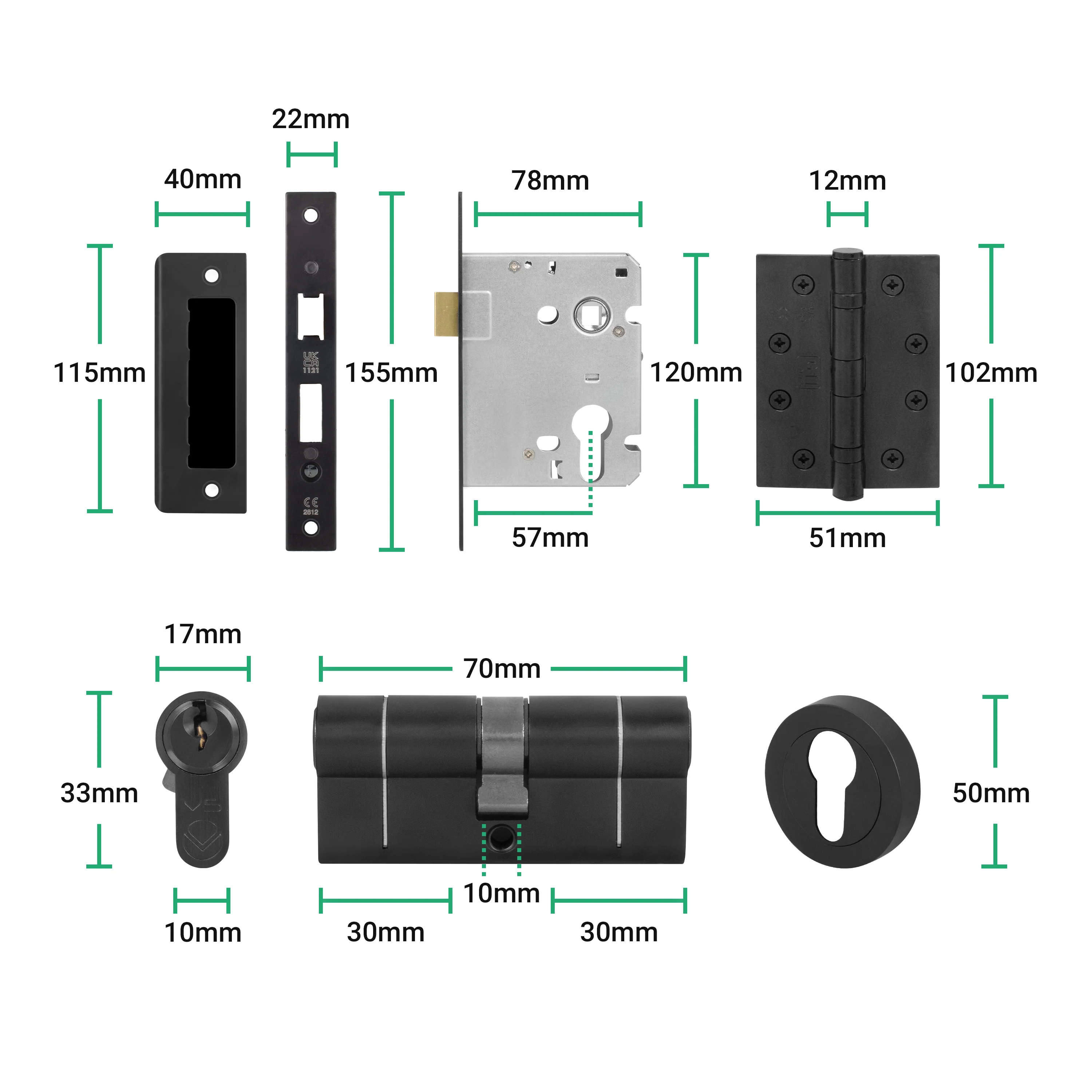 Tapera Matt Black Lever on Rose Door Handle Kit - Medium Duty FD30/60 - 80mm Euro Sashlock and Double Cylinder - Master Keyed - Image 5