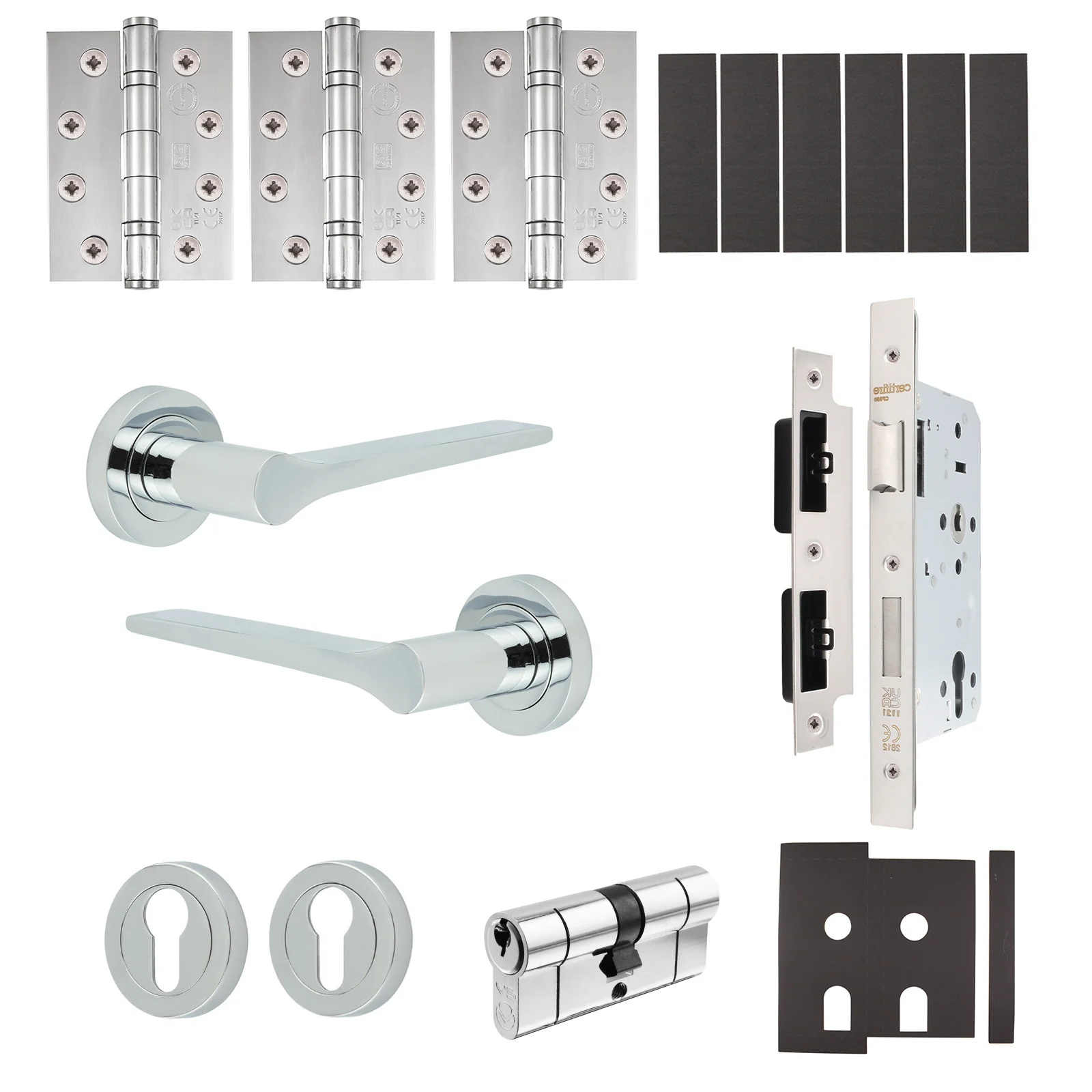 Tapera Polished Chrome Lever on Rose Door Handle Kit - Heavy Duty FD30/60 - DIN Euro Sashlock and Double Cylinder - Keyed Alike
