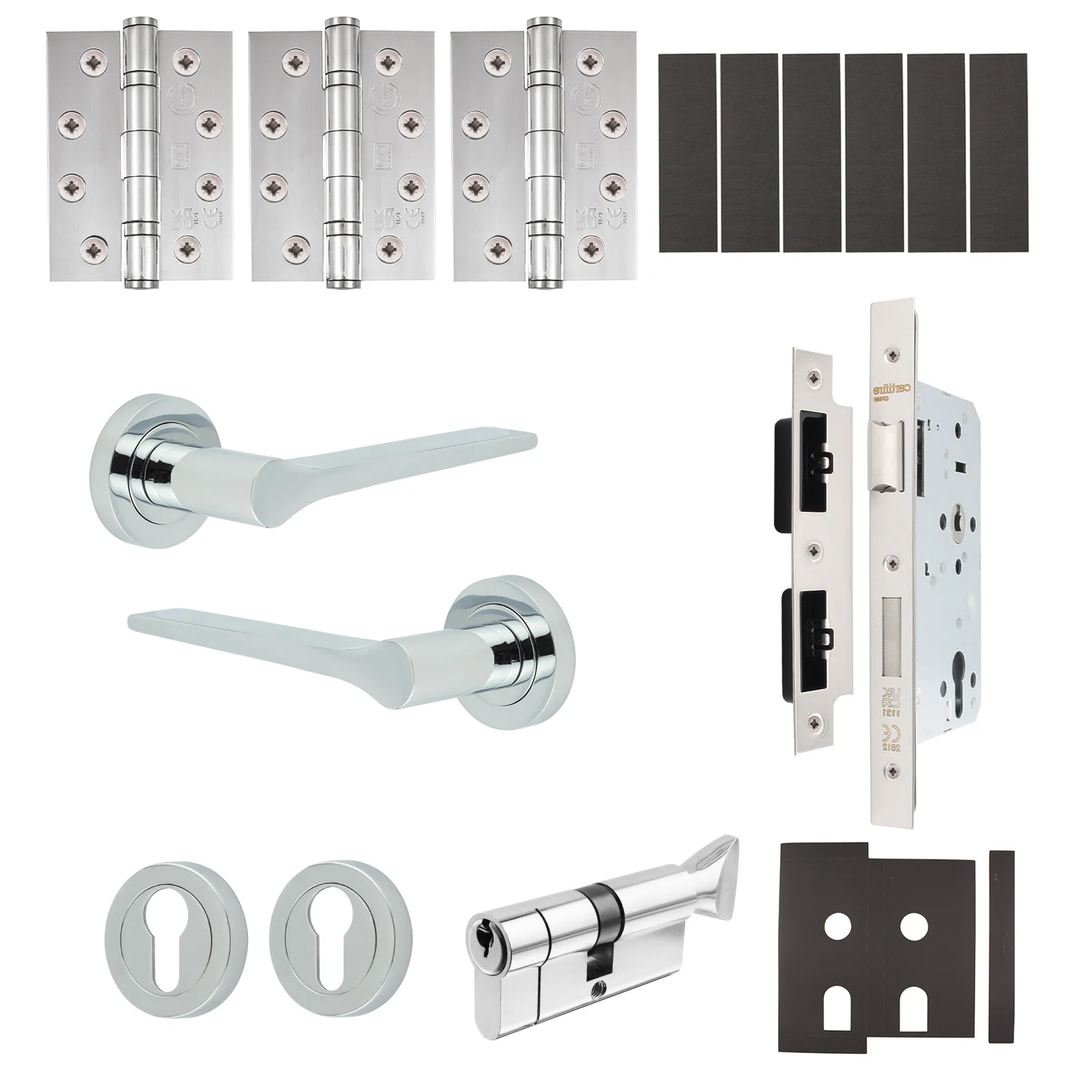 Tapera Polished Chrome Lever on Rose Door Handle Kit - Heavy Duty FD30/60 - DIN Euro Sashlock and Thumbturn Cylinder - Keyed to Differ
