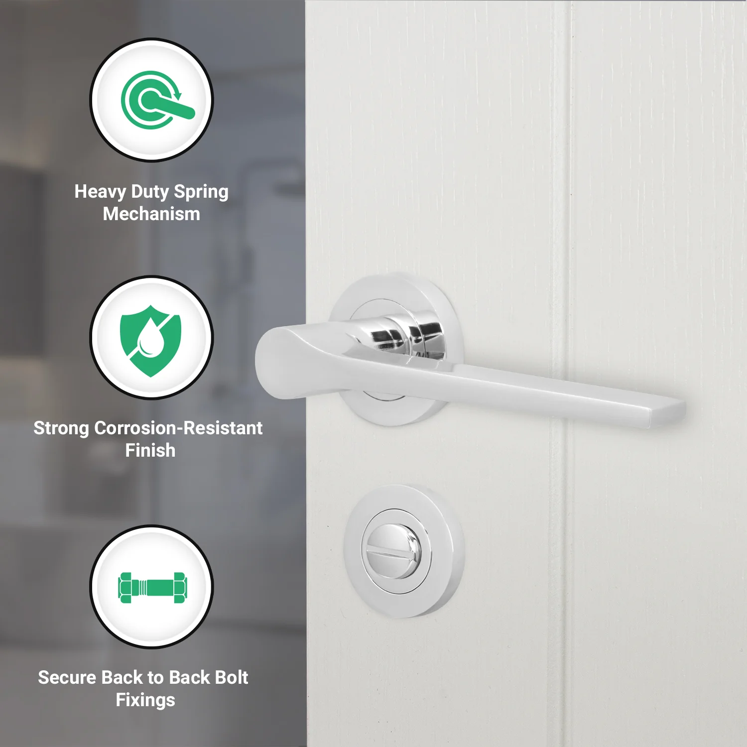 Tapera Polished Chrome Lever on Rose Door Handle Kit - 64mm Bathroom Lock - Image 2