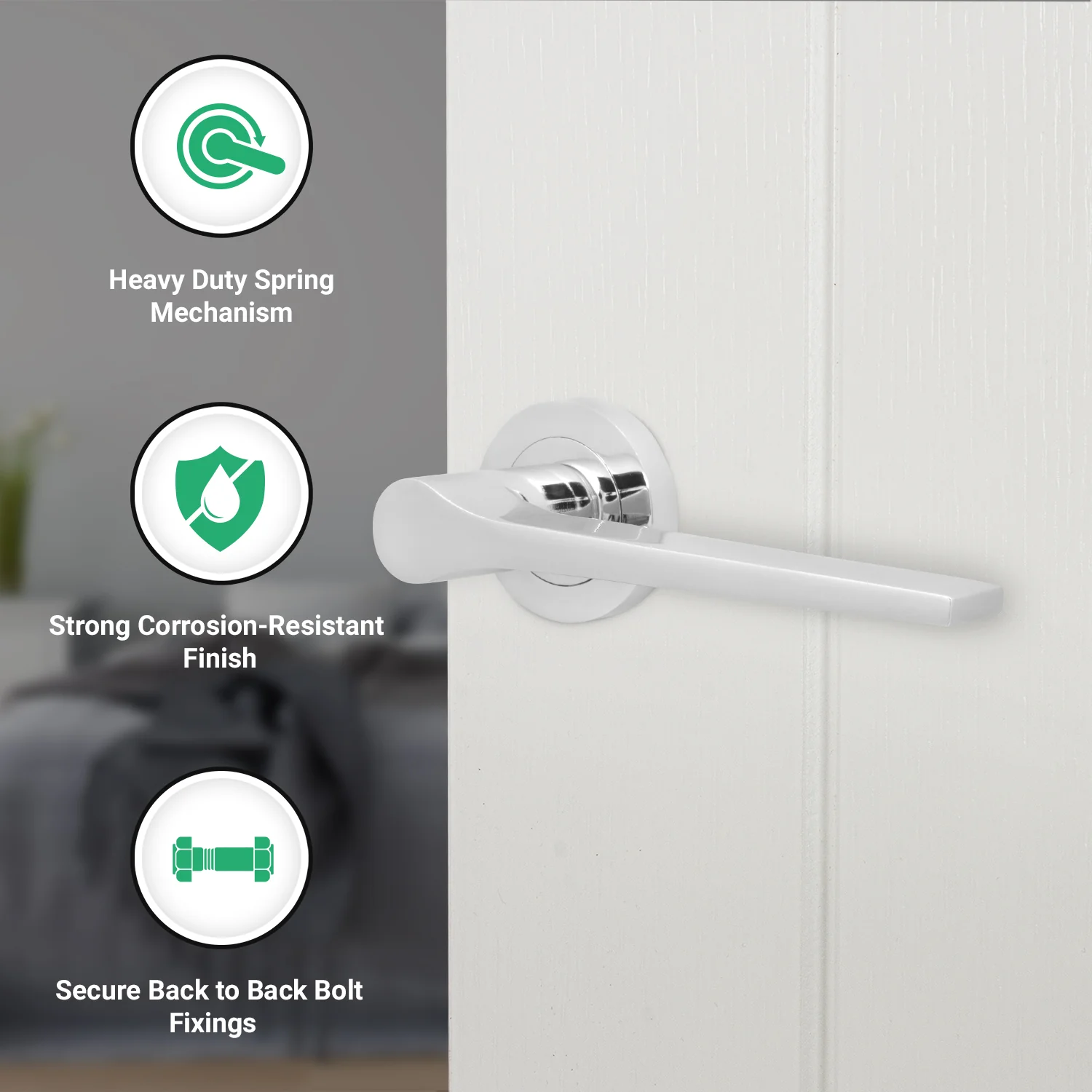Tapera Polished Chrome Lever on Rose Door Handle Kit - 64mm Latch - Image 2