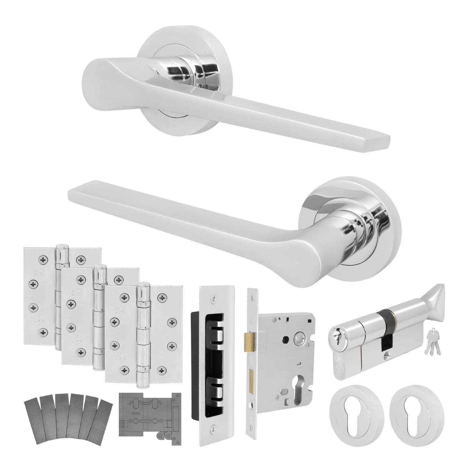 Tapera Polished Chrome Lever on Rose Door Handle Kit - Medium Duty FD30/60 - 80mm Euro Sashlock and Thumbturn Cylinder - Master Keyed