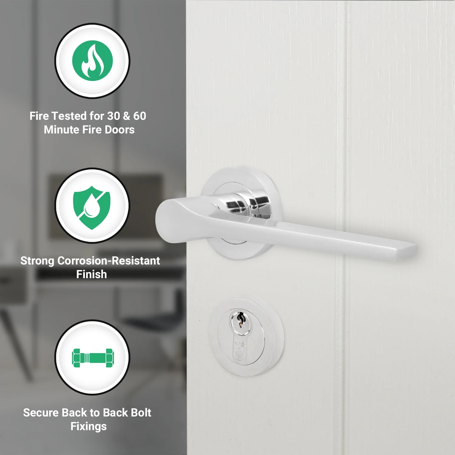 Tapera Polished Chrome Lever on Rose Door Handle Kit - Medium Duty FD30/60 - 80mm Euro Sashlock and Thumbturn Cylinder - Master Keyed - Image 2