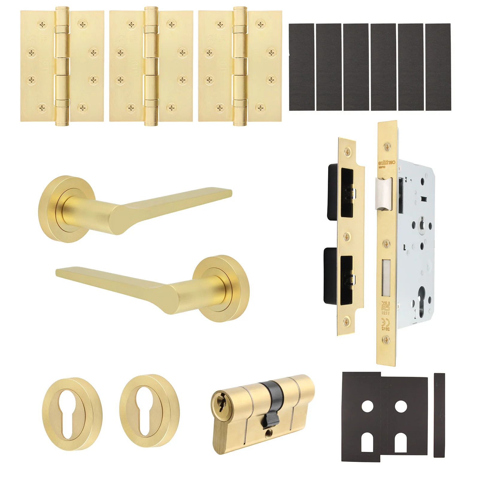 Tapera Satin Brass Lever on Rose Door Handle Kit - Heavy Duty FD30/60 - DIN Euro Sashlock and Double Cylinder - Master Keyed