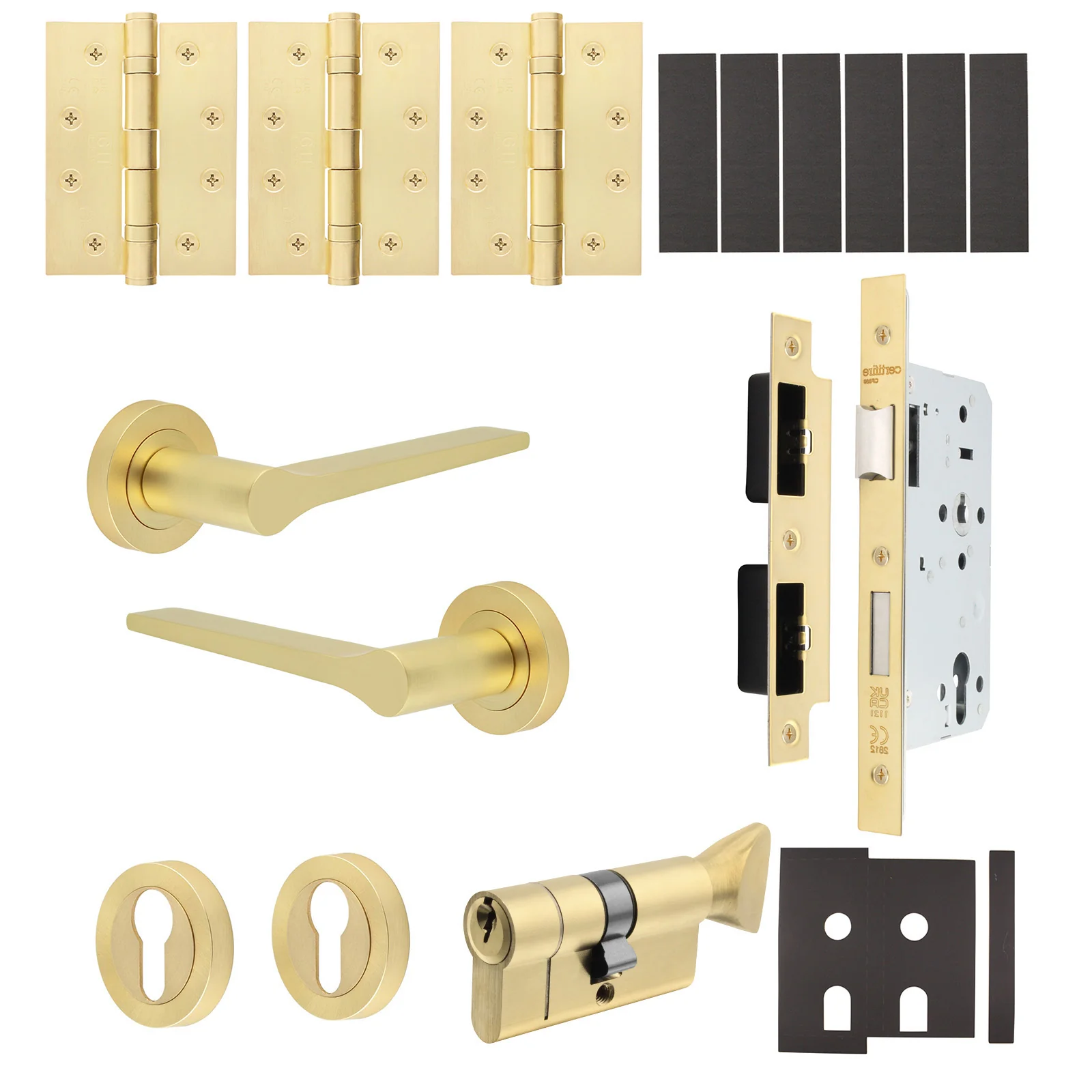 Tapera Satin Brass Lever on Rose Door Handle Kit - Heavy Duty FD30/60 - DIN Euro Sashlock and Thumbturn Cylinder - Keyed to Differ
