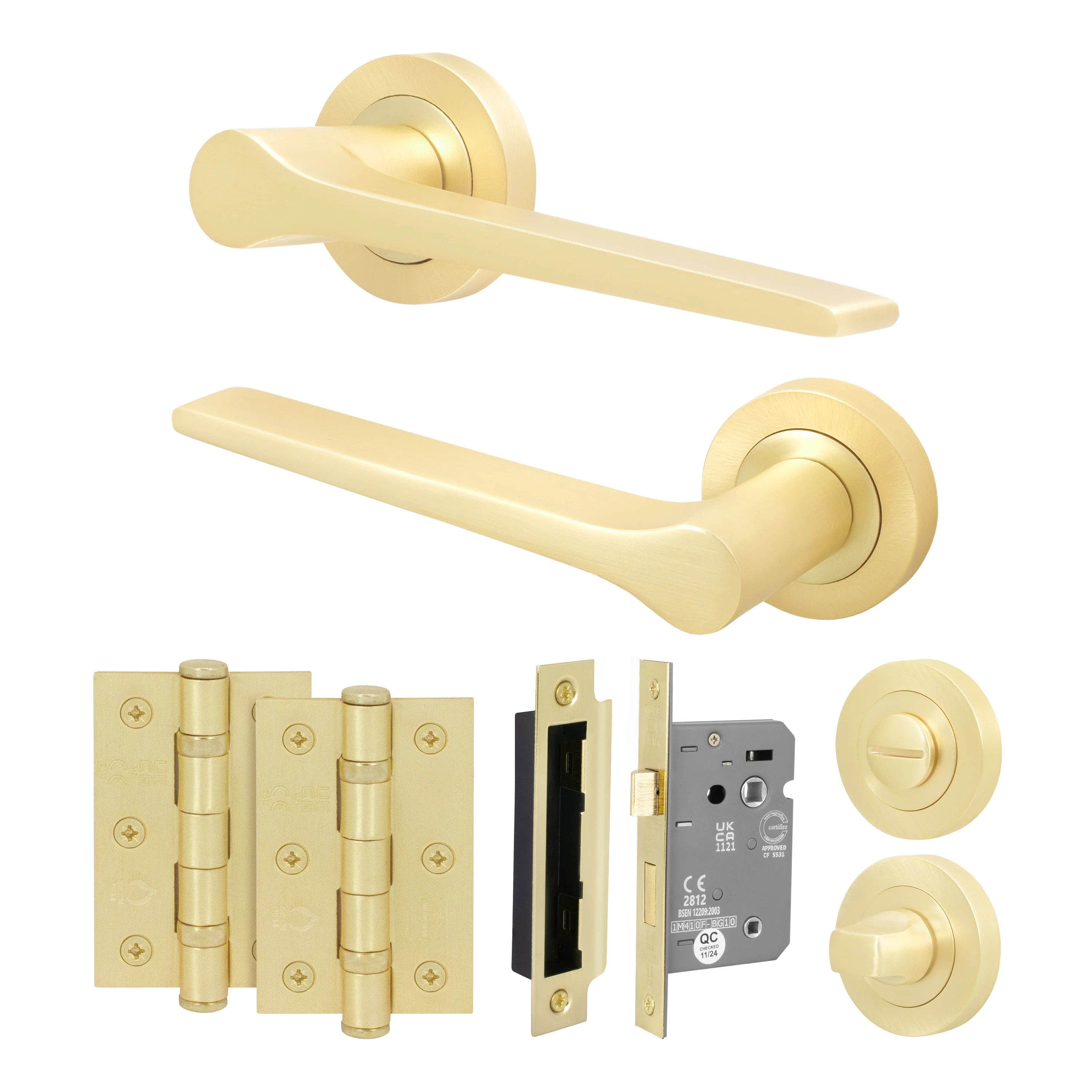 Tapera Satin Brass Lever on Rose Door Handle Kit - 64mm Bathroom Lock