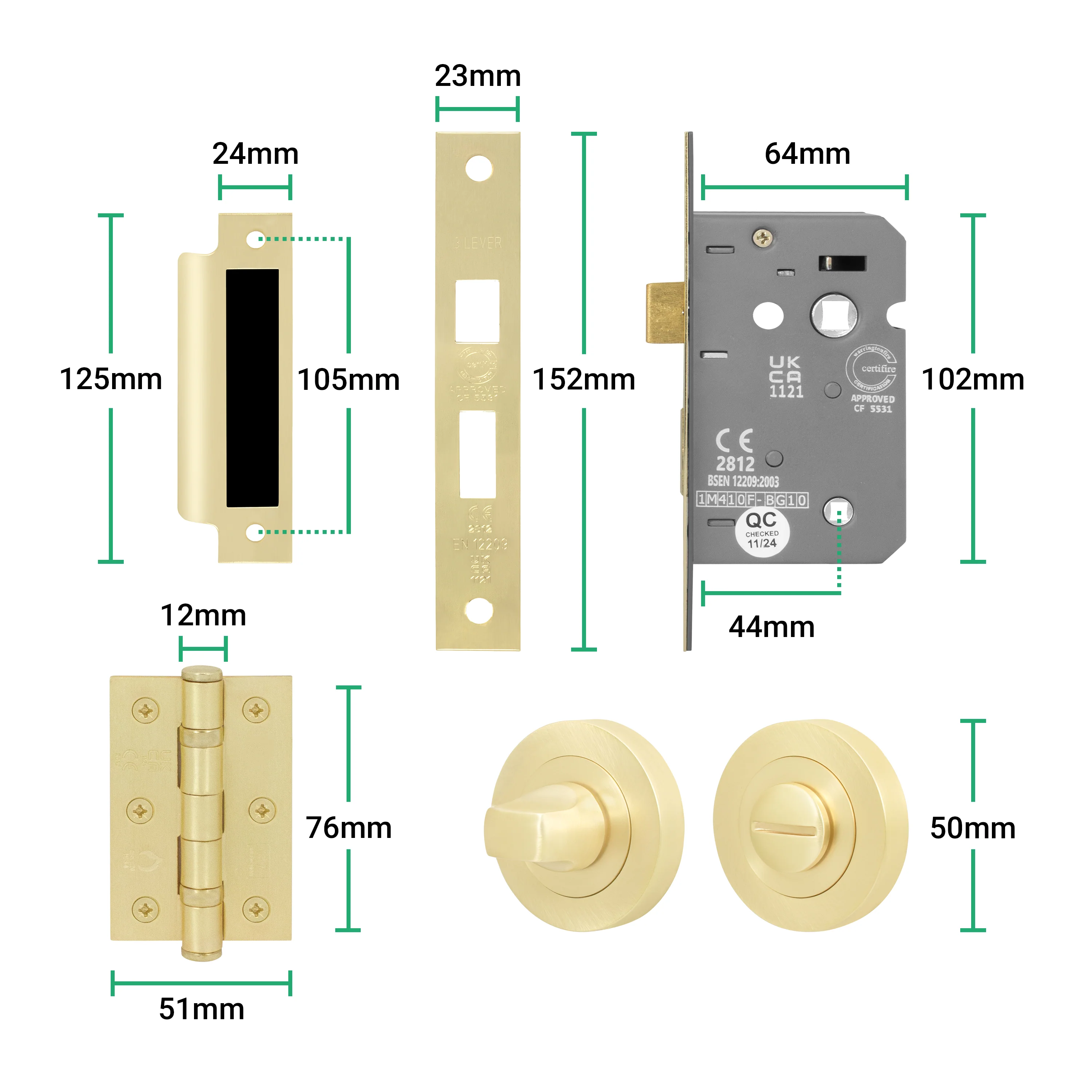 Tapera Satin Brass Lever on Rose Door Handle Kit - 64mm Bathroom Lock - Image 5
