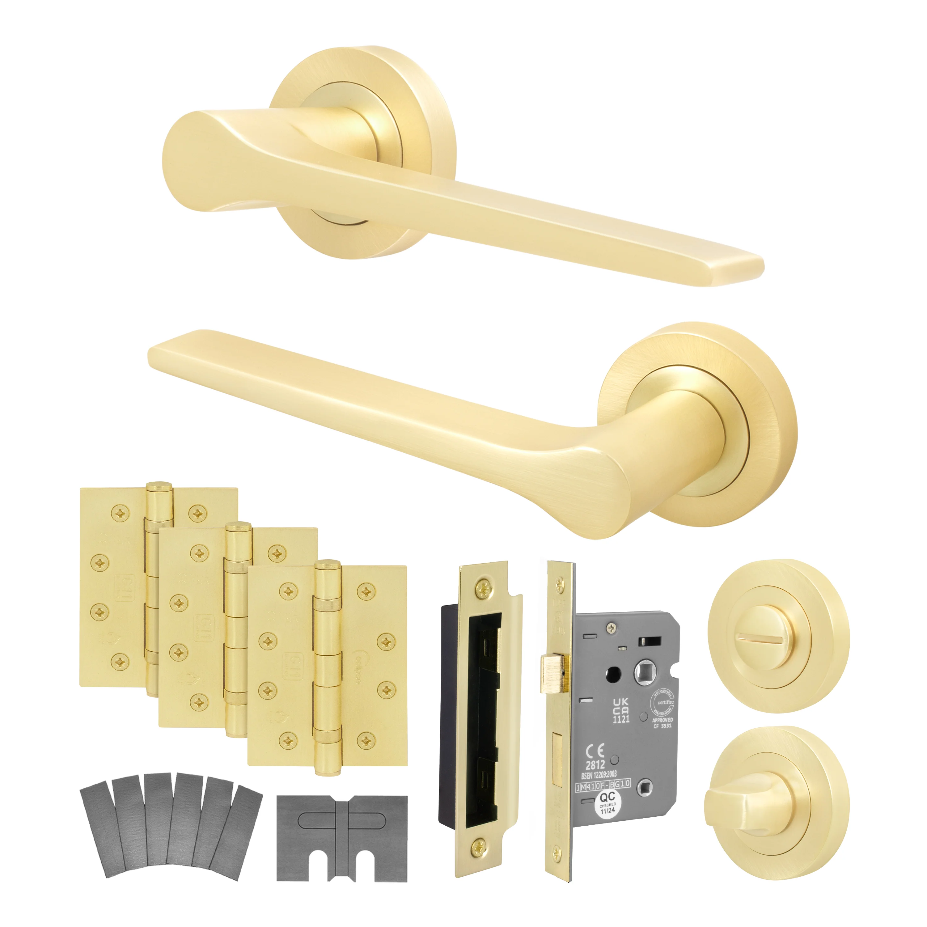 Tapera Satin Brass Lever on Rose Door Handle Kit - Medium Duty FD30/60 - 80mm Bathroom Lock