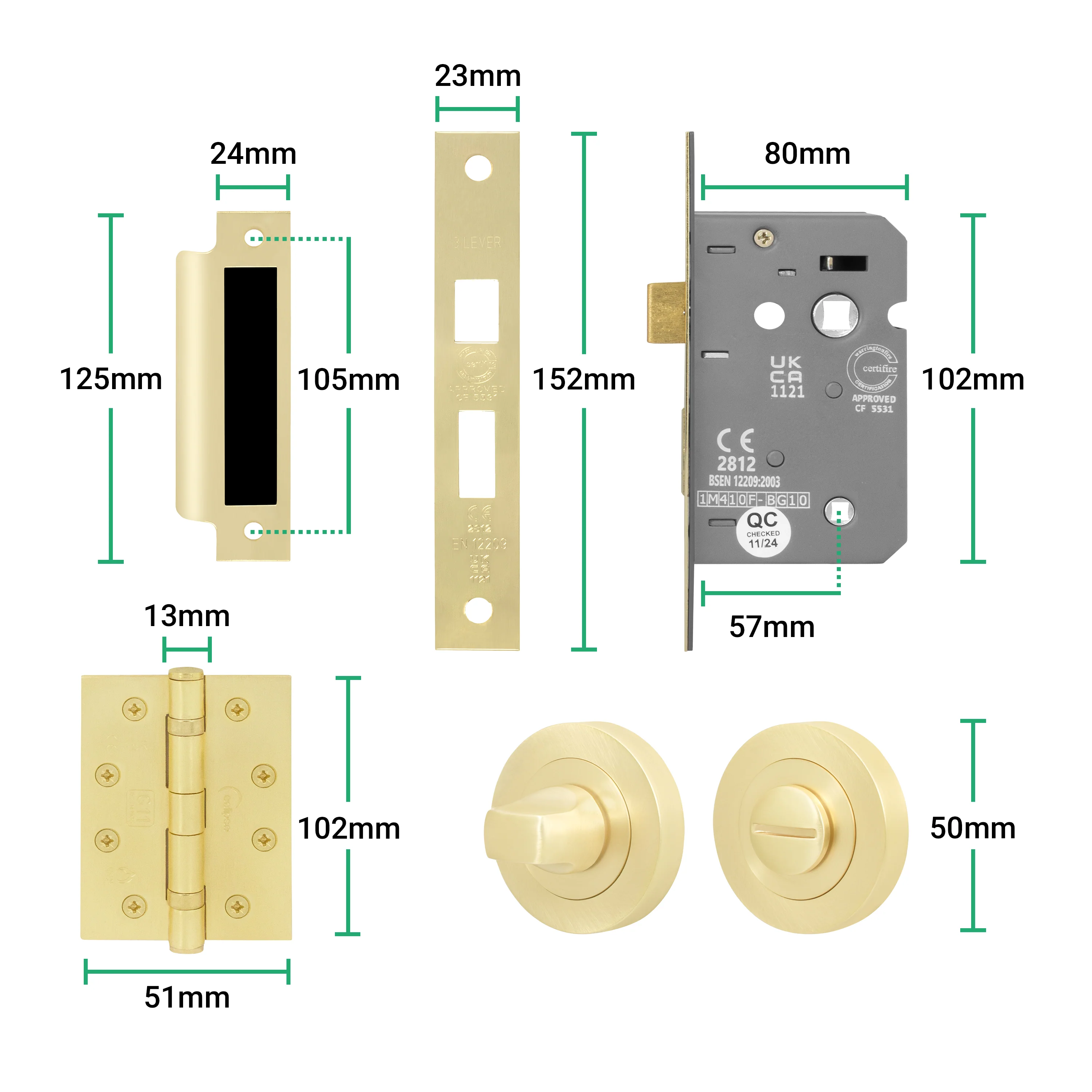 Tapera Satin Brass Lever on Rose Door Handle Kit - Medium Duty FD30/60 - 80mm Bathroom Lock - Image 5