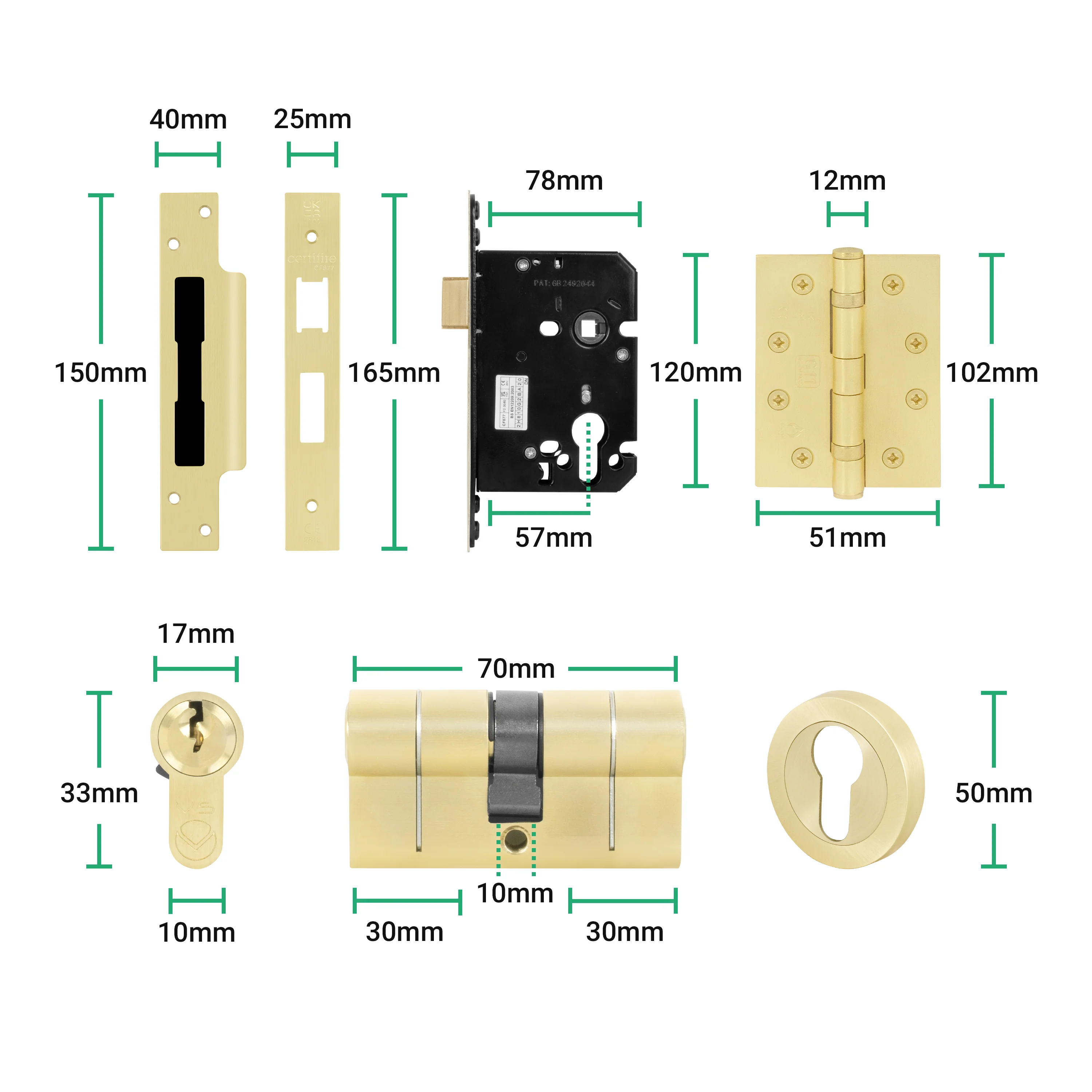 Tapera Satin Brass Lever on Rose Door Handle Kit - Medium Duty FD30/60 - 80mm Euro Sashlock and Double Cylinder - Keyed Alike - Image 5