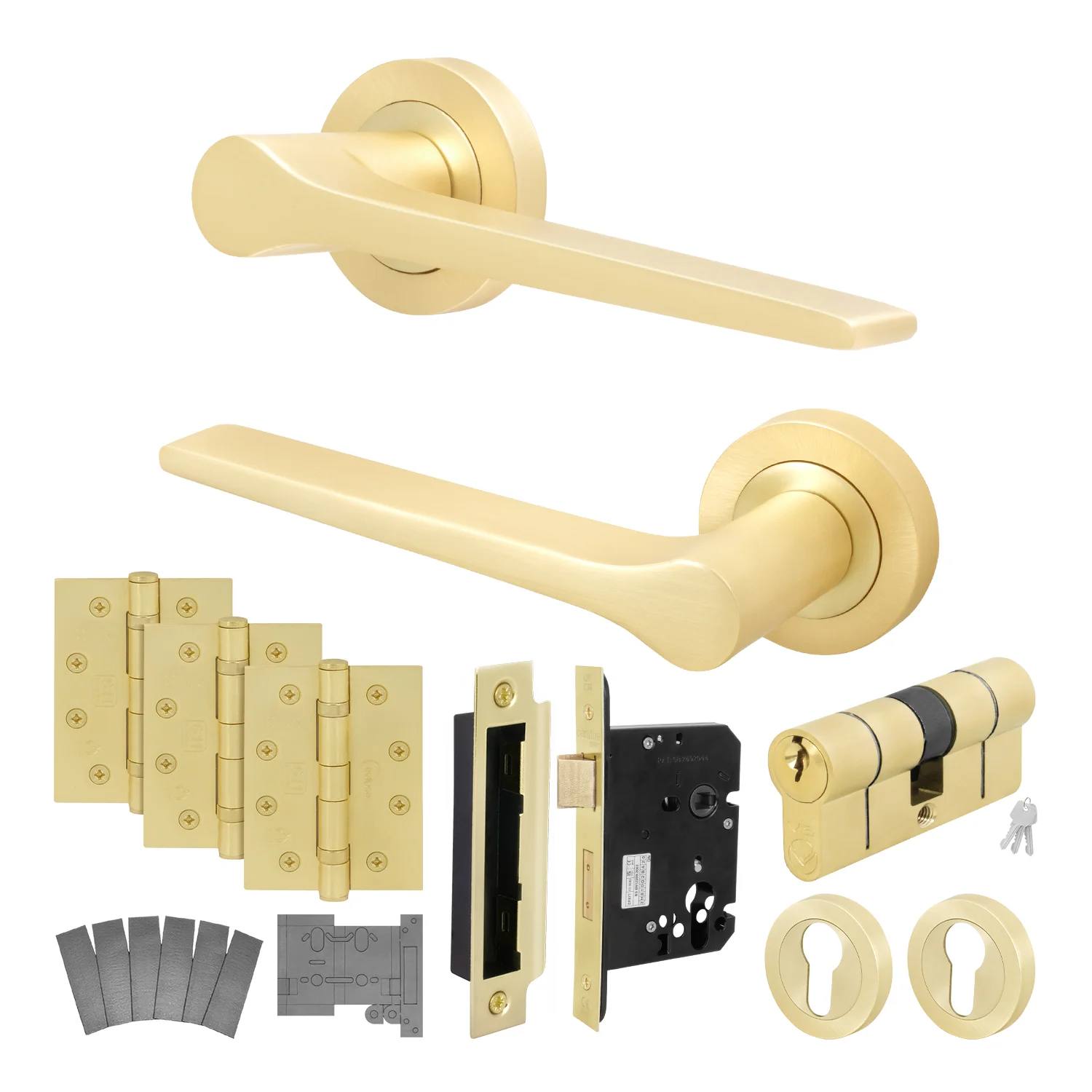 Tapera Satin Brass Lever on Rose Door Handle Kit - Medium Duty FD30/60 - 80mm Euro Sashlock and Double Cylinder - Master Keyed