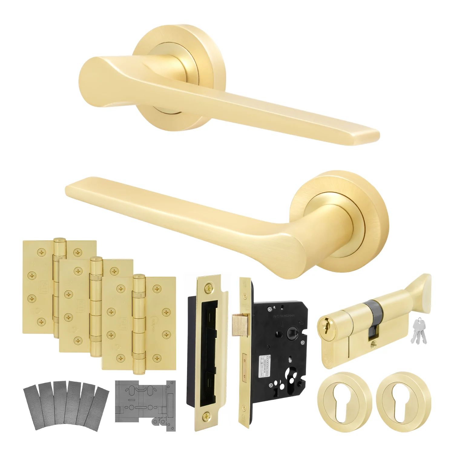 Tapera Satin Brass Lever on Rose Door Handle Kit - Medium Duty FD30/60 - 80mm Euro Sashlock and Thumbturn Cylinder - Keyed Alike