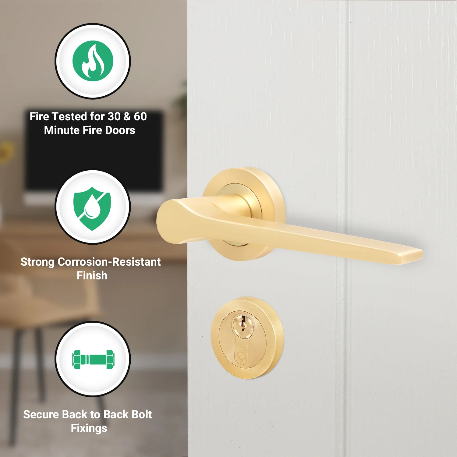 Tapera Satin Brass Lever on Rose Door Handle Kit - Medium Duty FD30/60 - 80mm Euro Sashlock and Thumbturn Cylinder - Keyed to Differ - Image 2