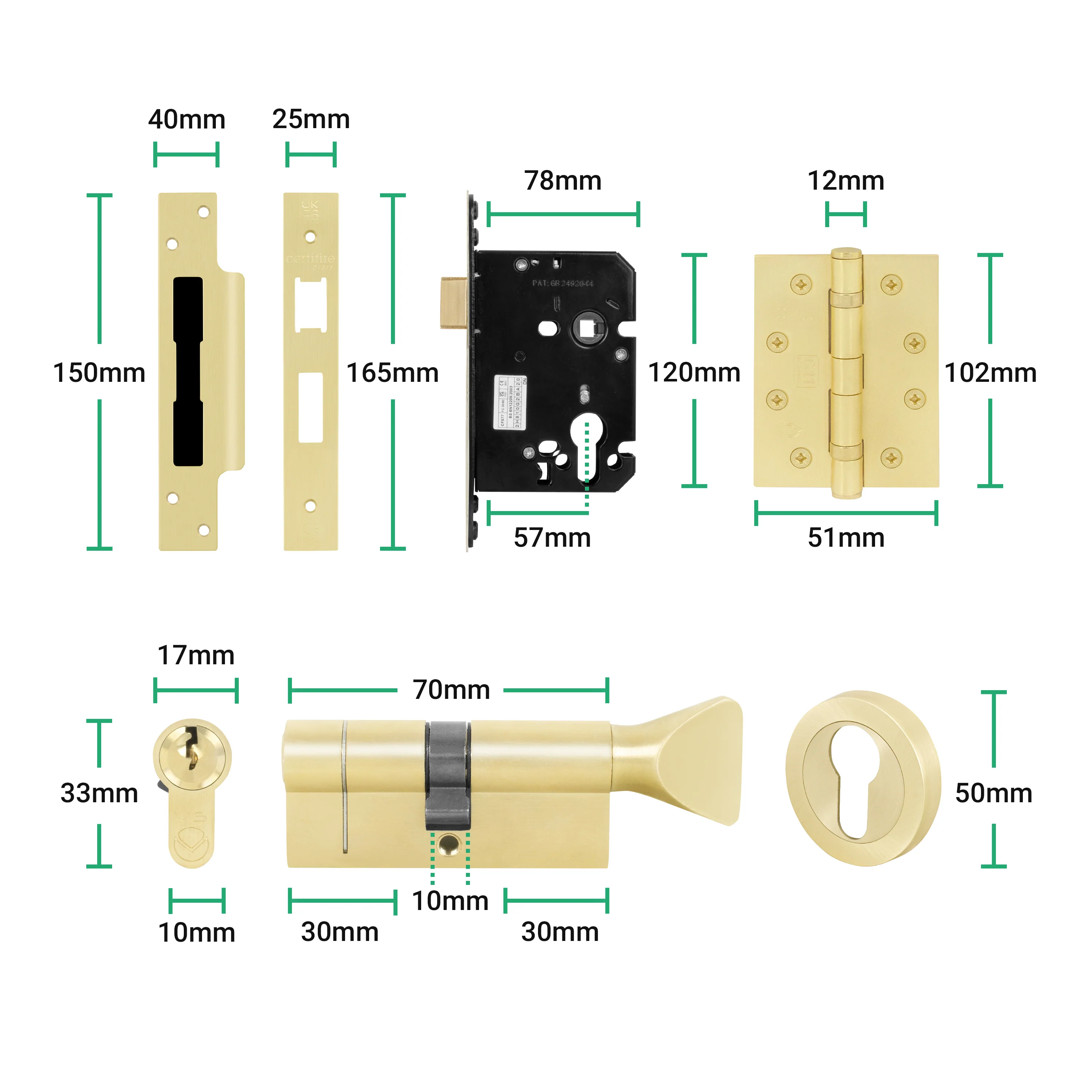 Tapera Satin Brass Lever on Rose Door Handle Kit - Medium Duty FD30/60 - 80mm Euro Sashlock and Thumbturn Cylinder - Keyed to Differ - Image 5