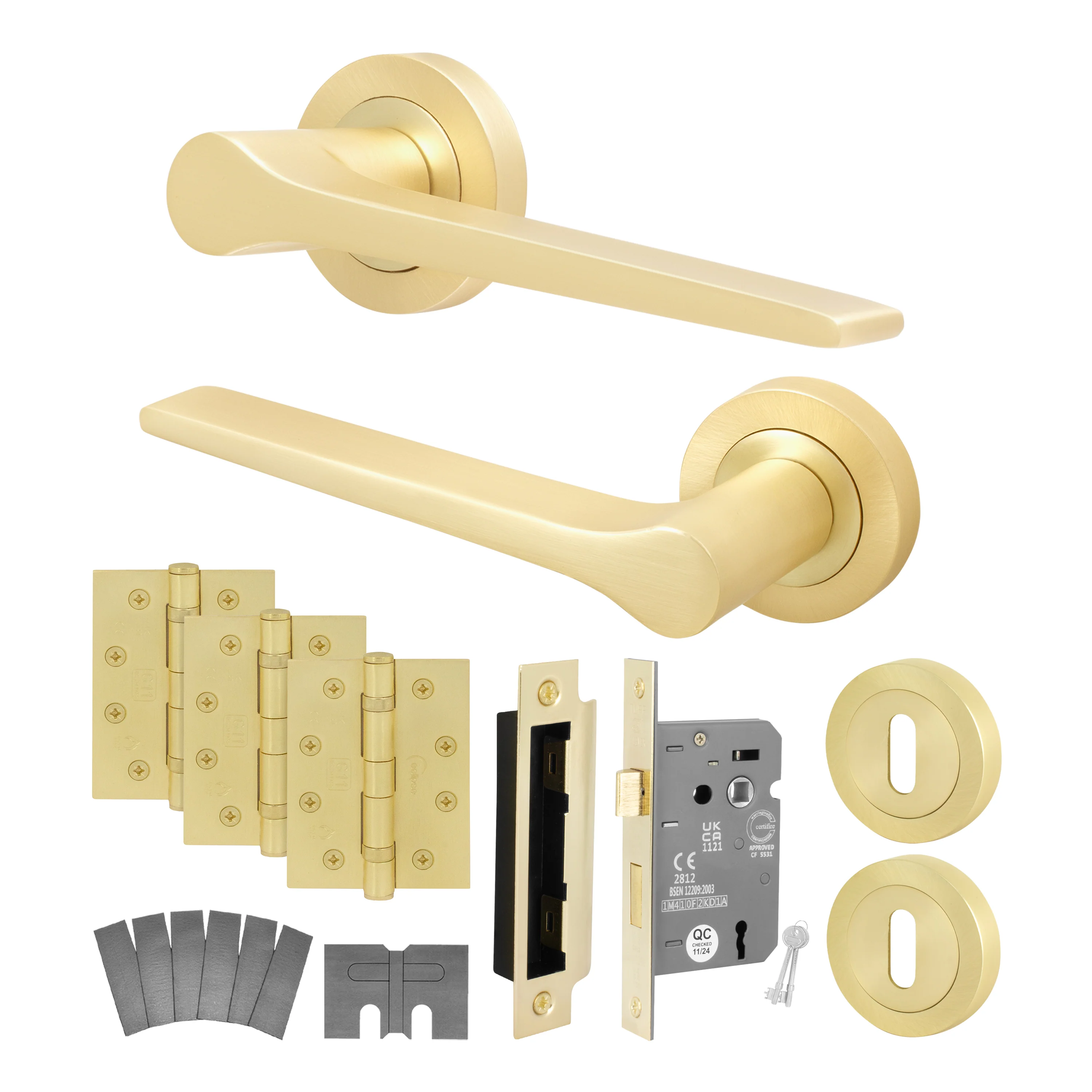 Tapera Satin Brass Lever on Rose Door Handle Kit - Medium Duty FD30/60 - 80mm Sashlock