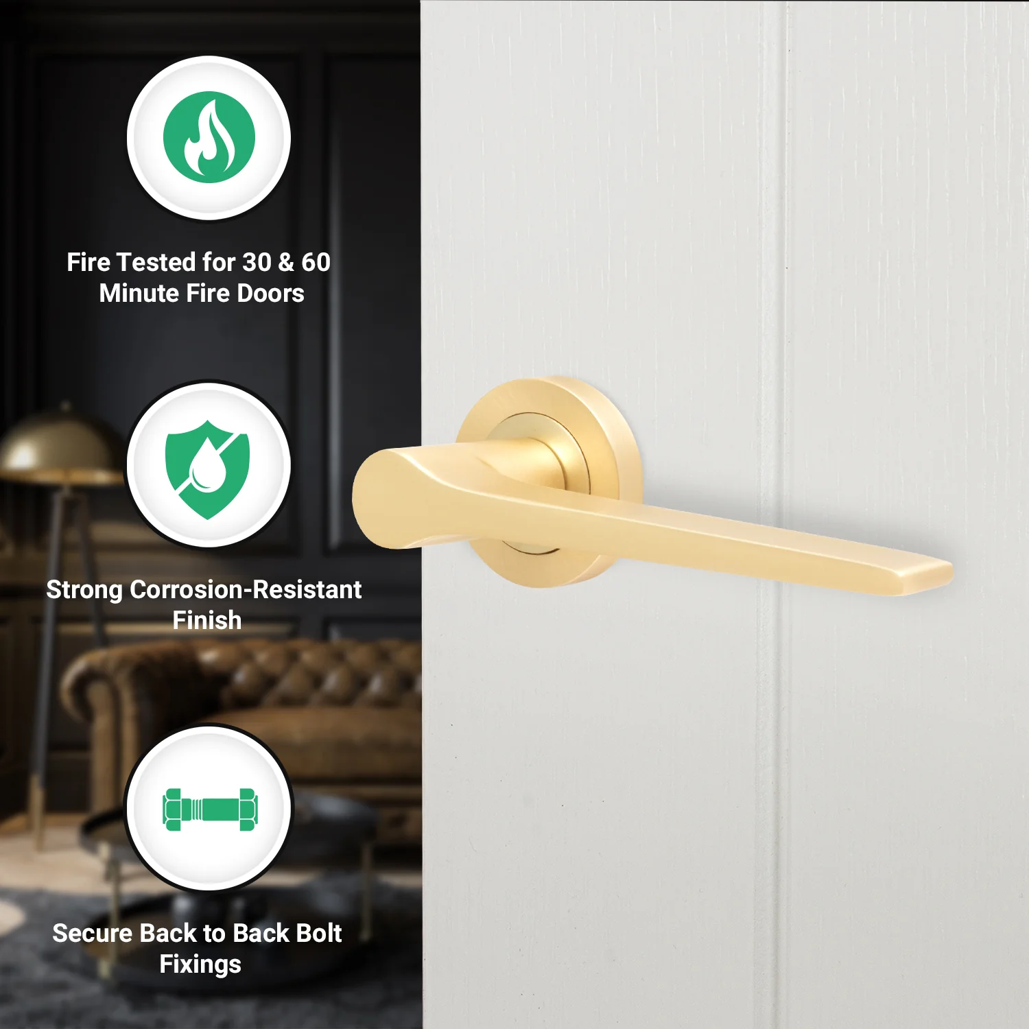 Tapera Satin Brass Lever on Rose Door Handles - Heavy Duty - FD30/60 Rated - Image 2