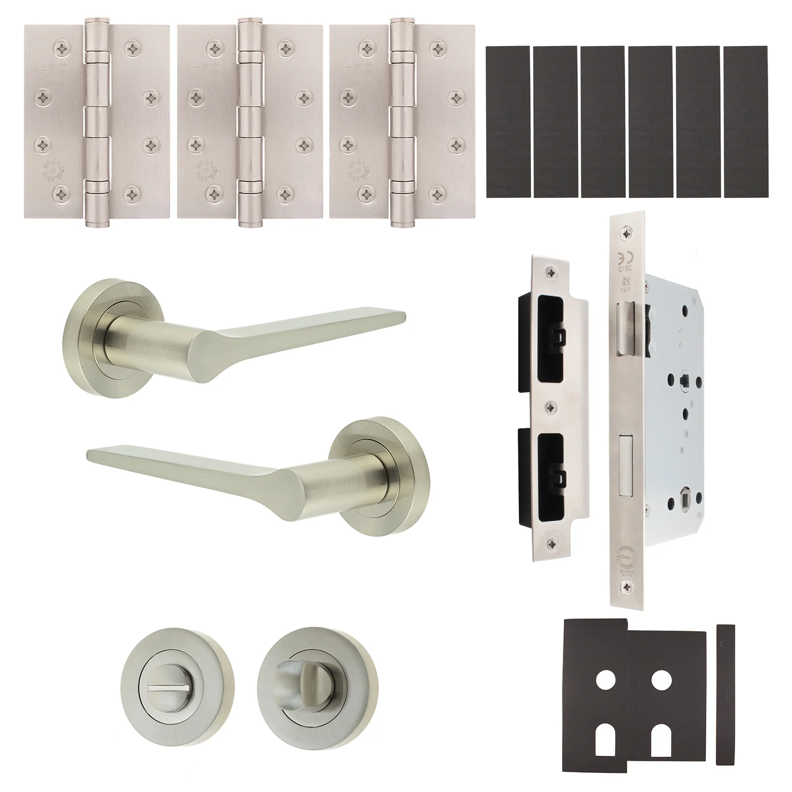 Tapera Satin Nickel Lever on Rose Door Handle Kit - Heavy Duty FD30/60 - DIN Bathroom Lock