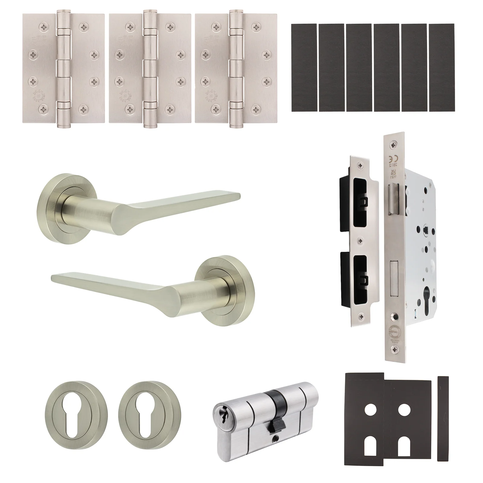 Tapera Satin Nickel Lever on Rose Door Handle Kit - Heavy Duty FD30/60 - DIN Euro Sashlock and Double Cylinder - Keyed Alike