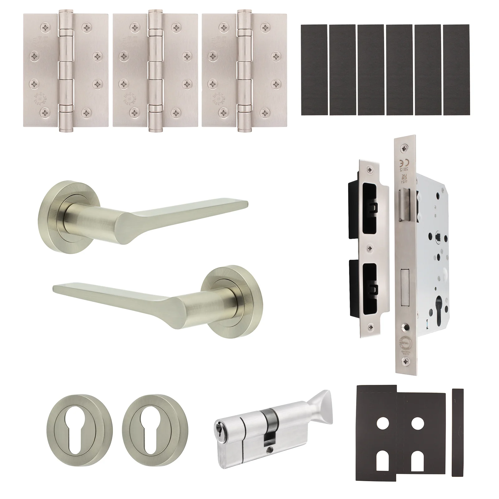 Tapera Satin Nickel Lever on Rose Door Handle Kit - Heavy Duty FD30/60 - DIN Euro Sashlock and Thumbturn Cylinder - Keyed to Differ