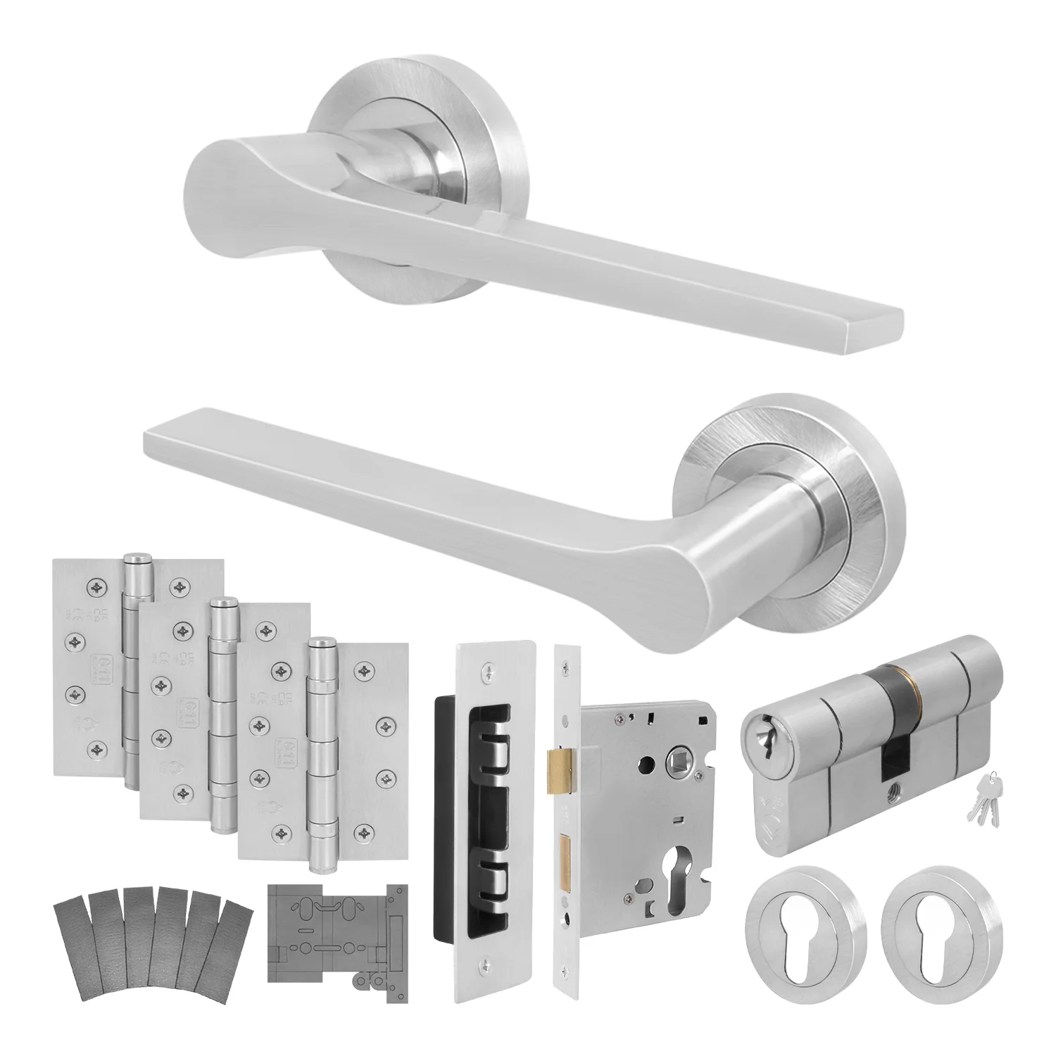 Tapera Satin Nickel Lever on Rose Door Handle Kit - Medium Duty FD30/60 - 80mm Euro Sashlock and Double Cylinder - Keyed Alike
