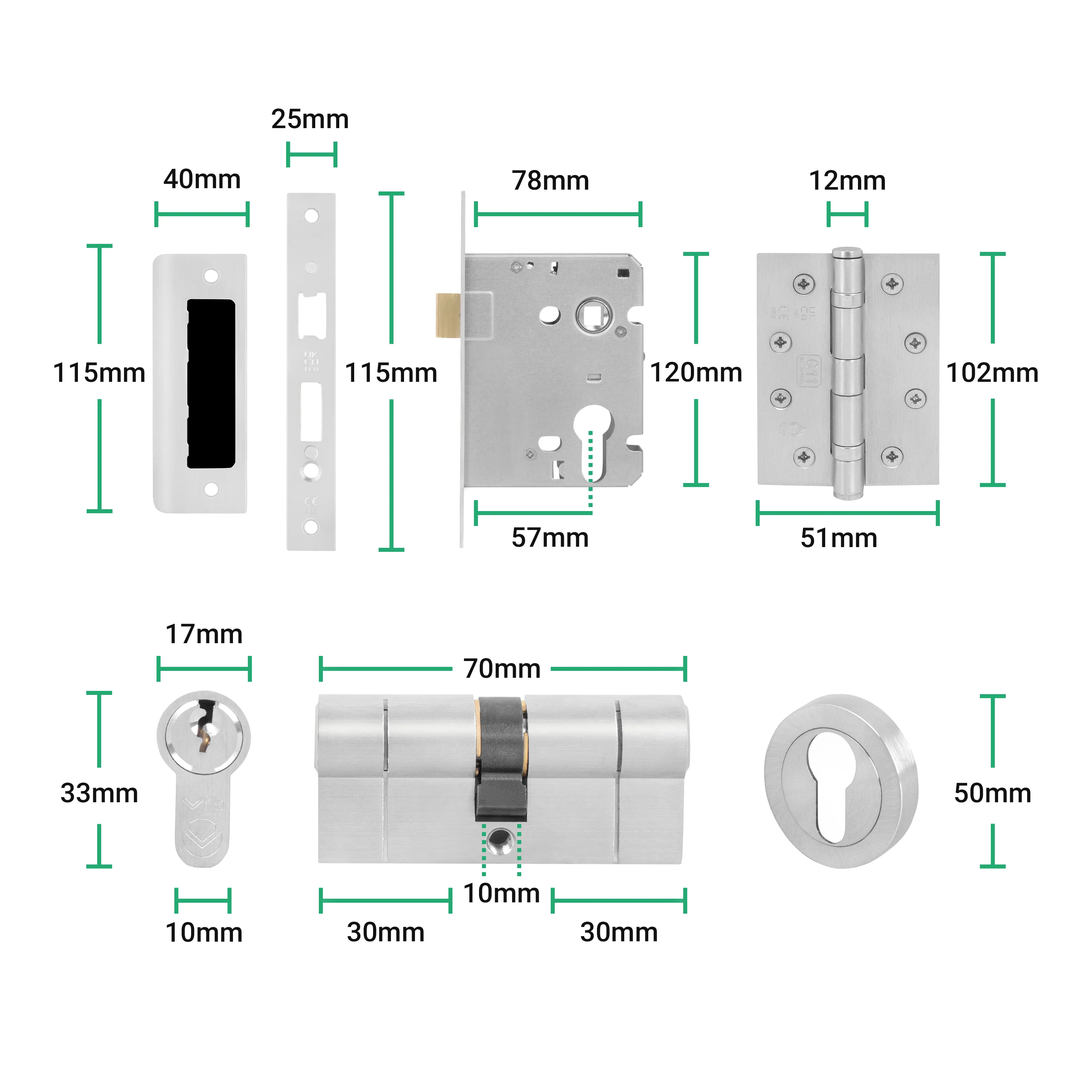 Tapera Satin Nickel Lever on Rose Door Handle Kit - Medium Duty FD30/60 - 80mm Euro Sashlock and Double Cylinder - Keyed Alike - Image 5