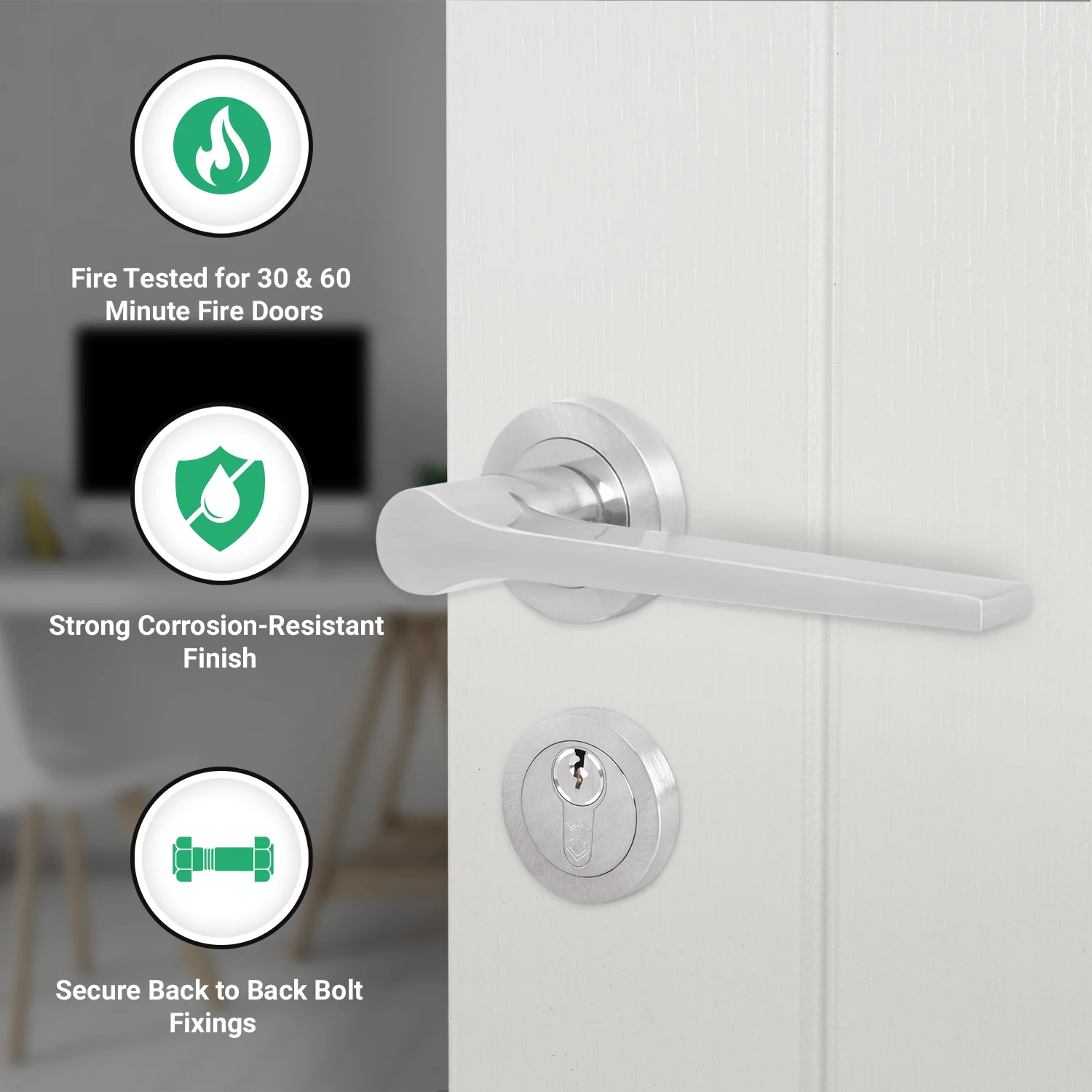 Tapera Satin Nickel Lever on Rose Door Handle Kit - Medium Duty FD30/60 - 80mm Euro Sashlock and Double Cylinder - Master Keyed - Image 2