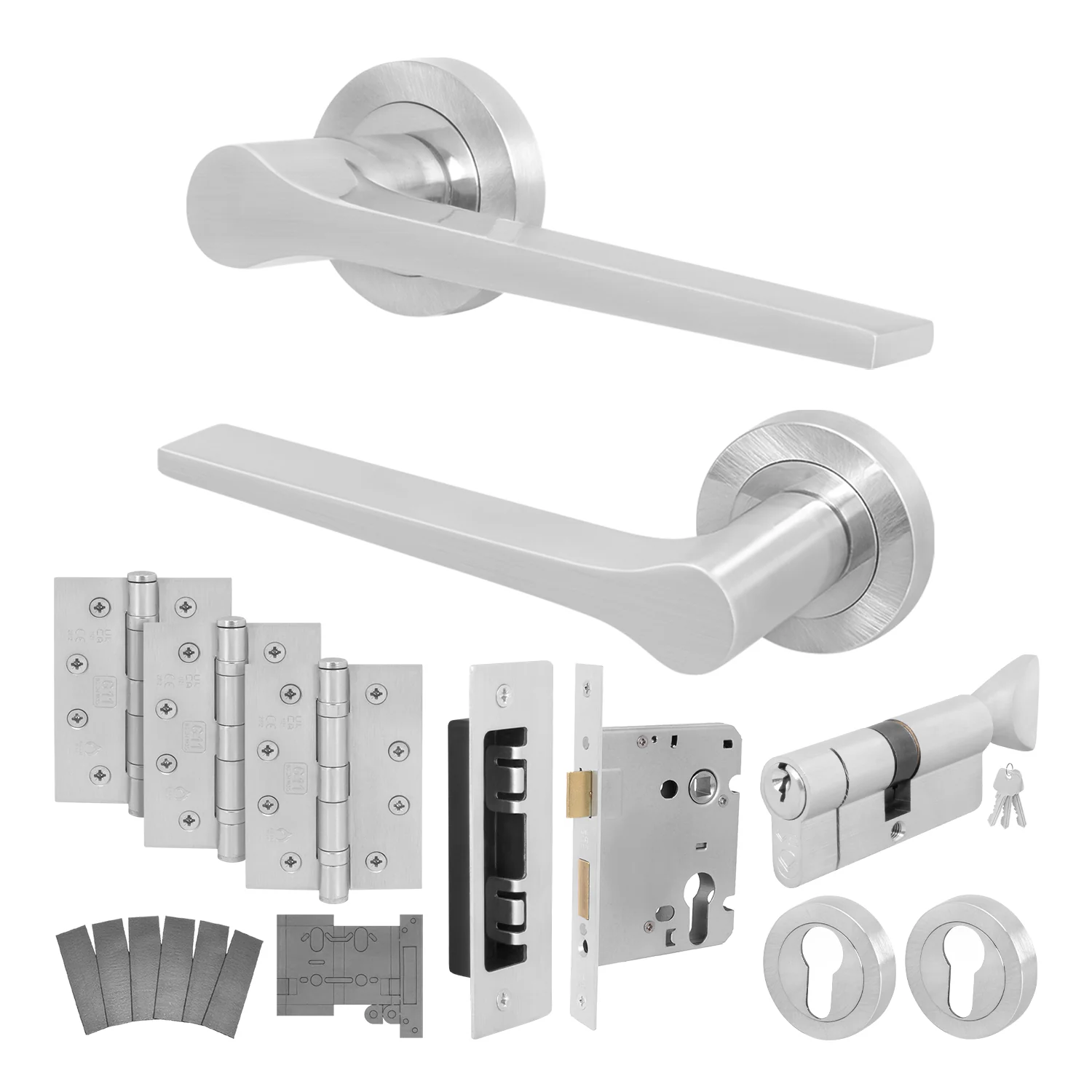 Tapera Satin Nickel Lever on Rose Door Handle Kit - Medium Duty FD30/60 - 80mm Euro Sashlock and Thumbturn Cylinder - Keyed to Differ
