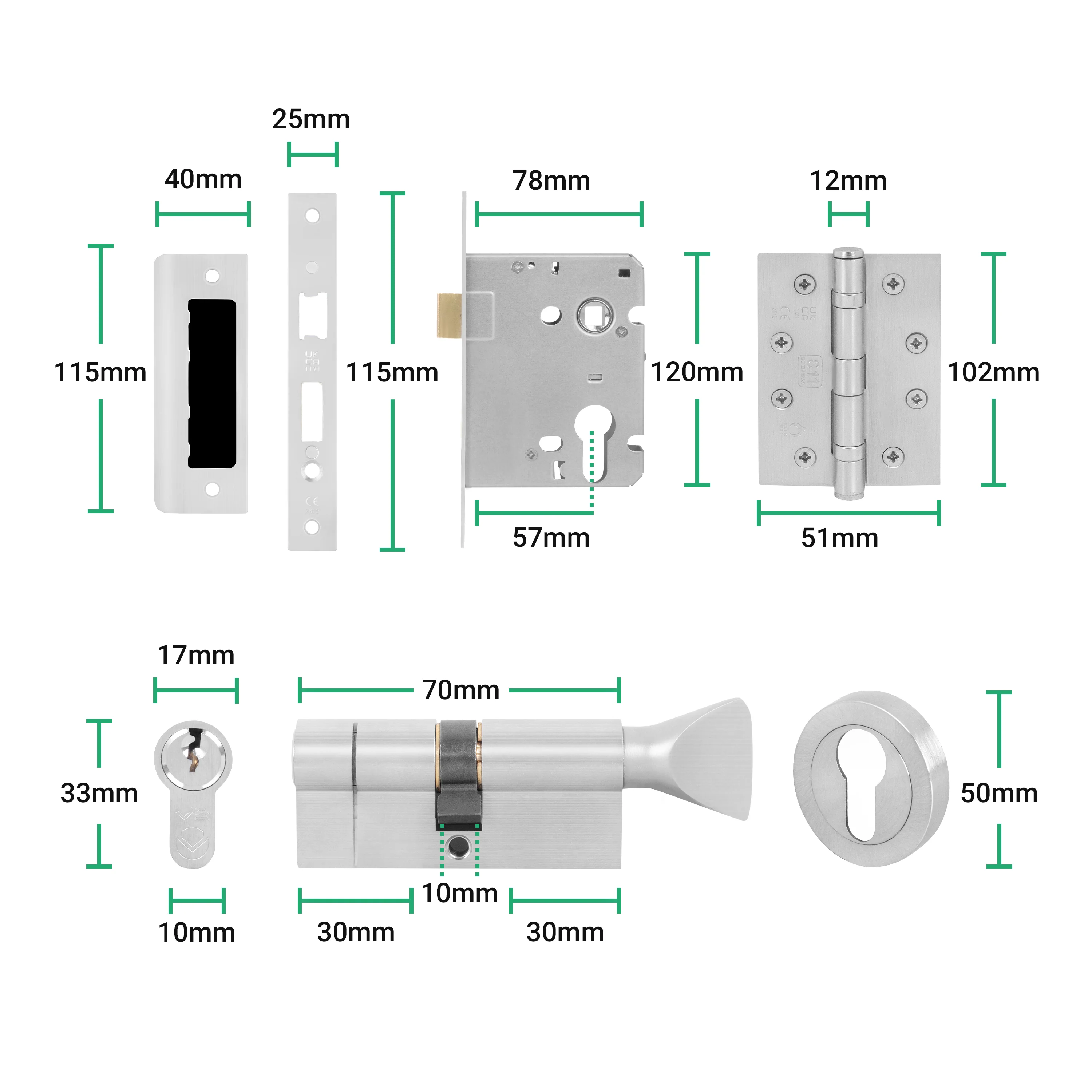 Tapera Satin Nickel Lever on Rose Door Handle Kit - Medium Duty FD30/60 - 80mm Euro Sashlock and Thumbturn Cylinder - Master Keyed - Image 5