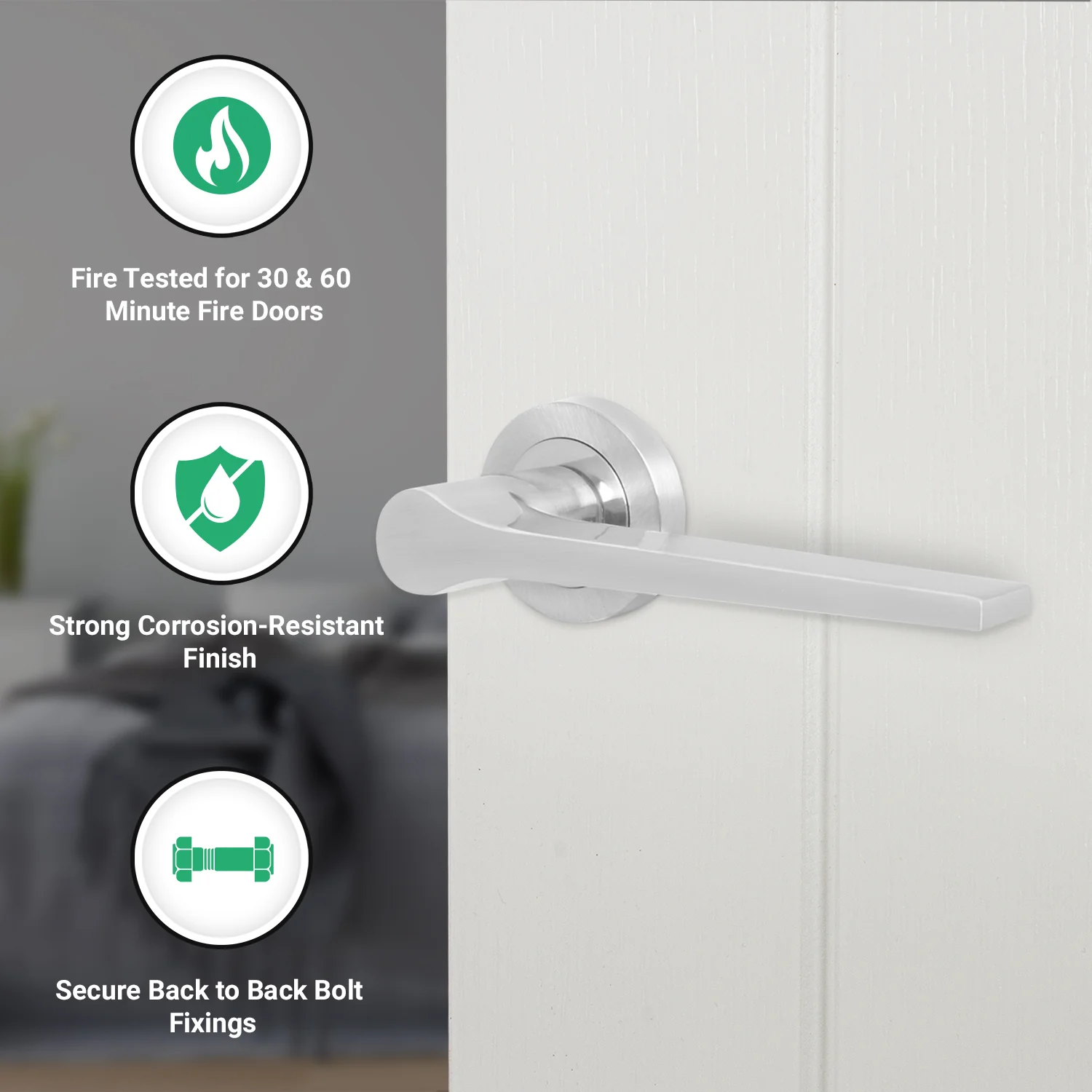 Tapera Satin Nickel Lever on Rose Door Handles - Heavy Duty - FD30/60 Rated - Image 2