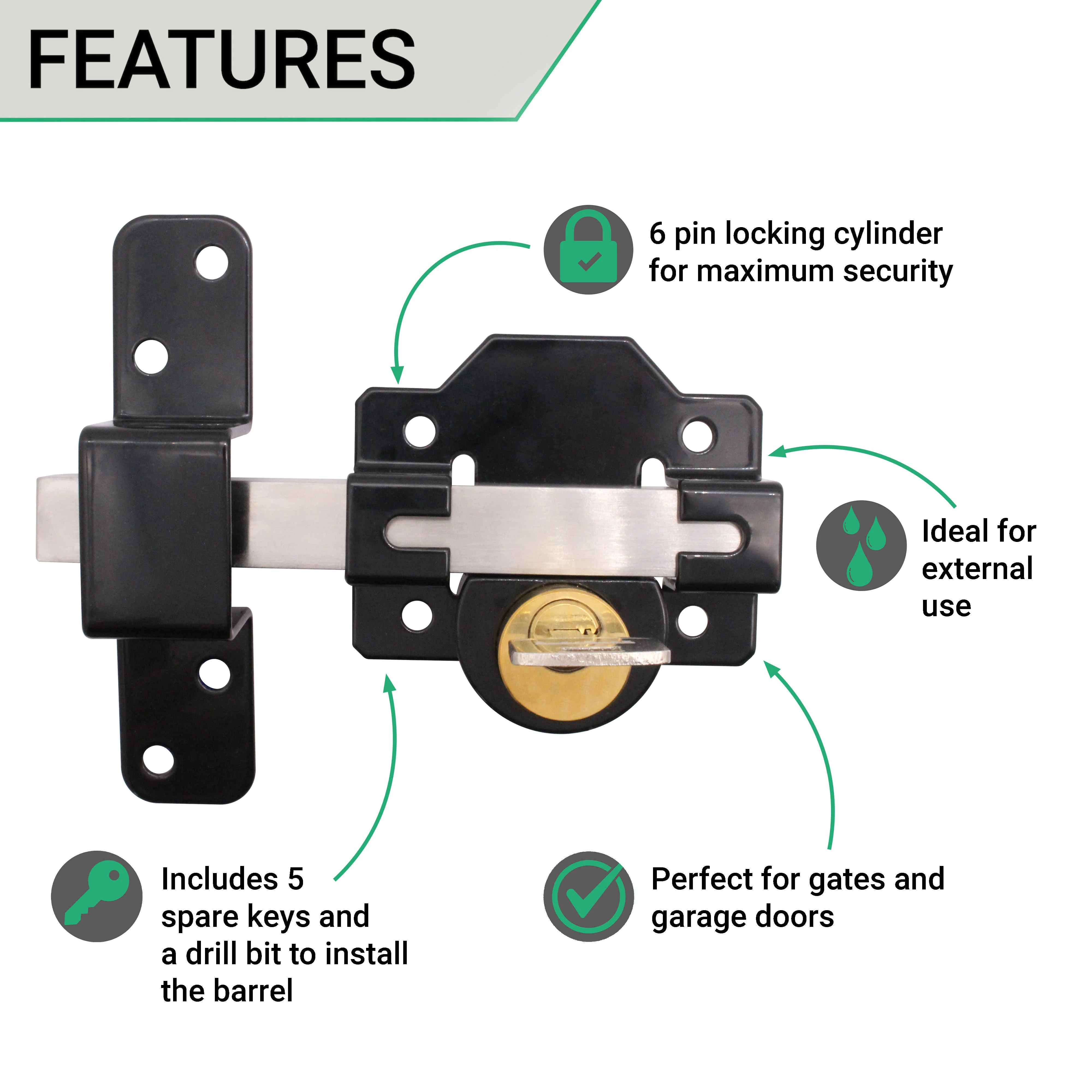 Long Throw Gate Lock & Pull Handle - Double Locking - 50mm - Image 3