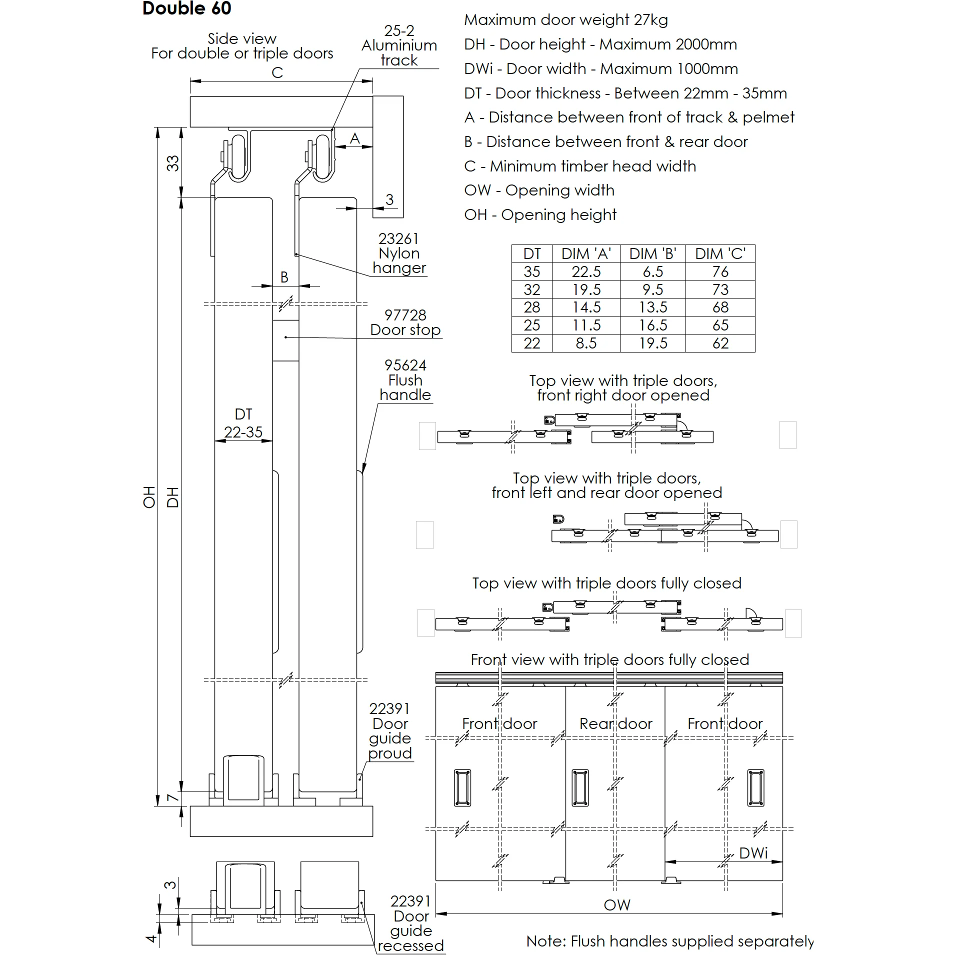 Top Hung Double Wardrobe Sliding Door System To Suit 1.8m Opening - 2 Door Kit - Image 4