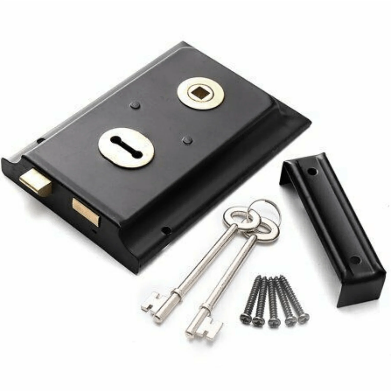 Traditional Black Retro Rim Sash Lock + Plastic Door Knob Kit Latch Cottage Door - Image 3