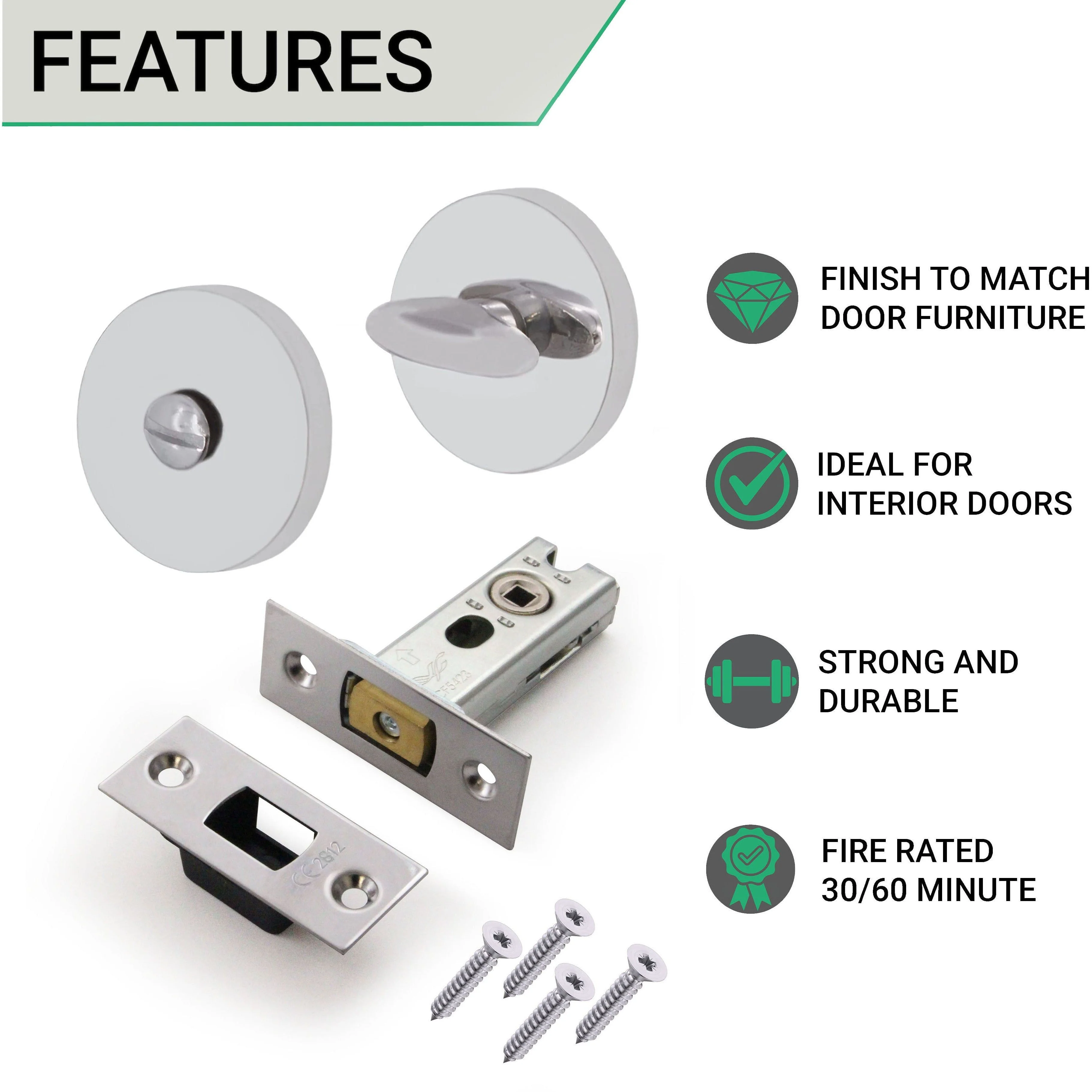 4 inch/101mm Tubular Bathroom Deadbolt Kit - 82mm Backset - Polished Stainless - Image 2