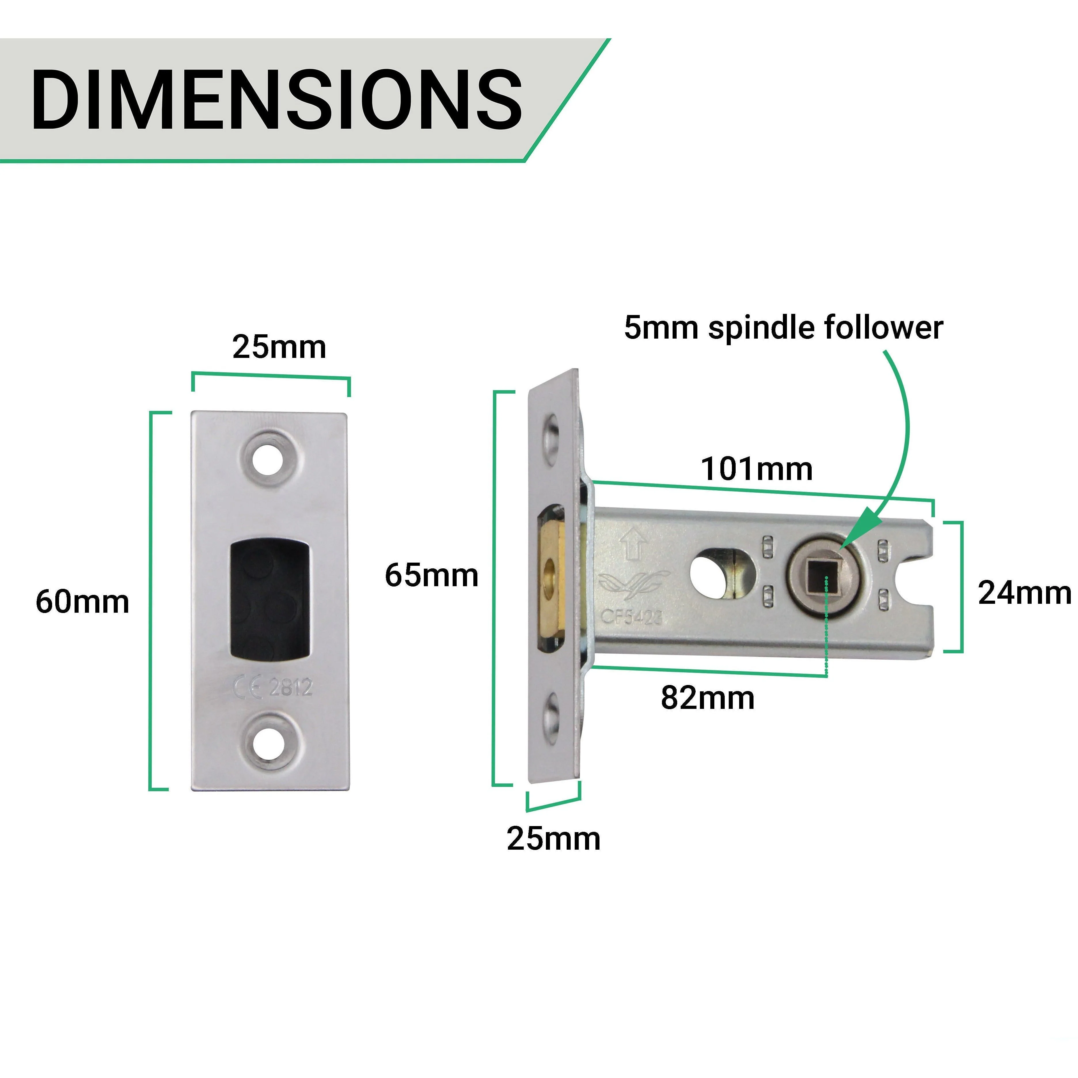 4 inch/101mm Tubular Bathroom Deadbolt Kit - 82mm Backset - Polished Stainless - Image 4