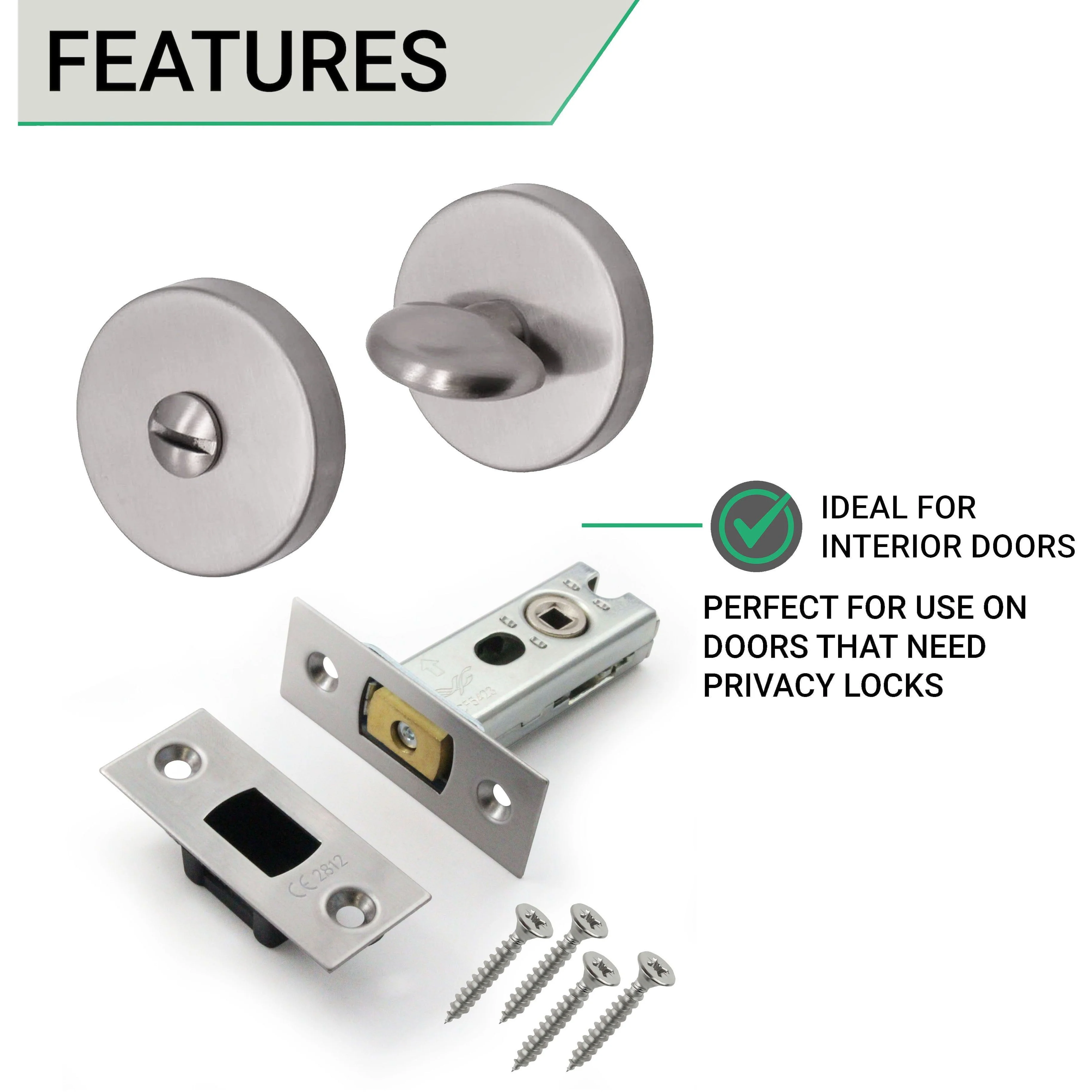 4 inch/101mm Tubular Bathroom Deadbolt Kit - 82mm Backset - Satin Stainless - Image 3