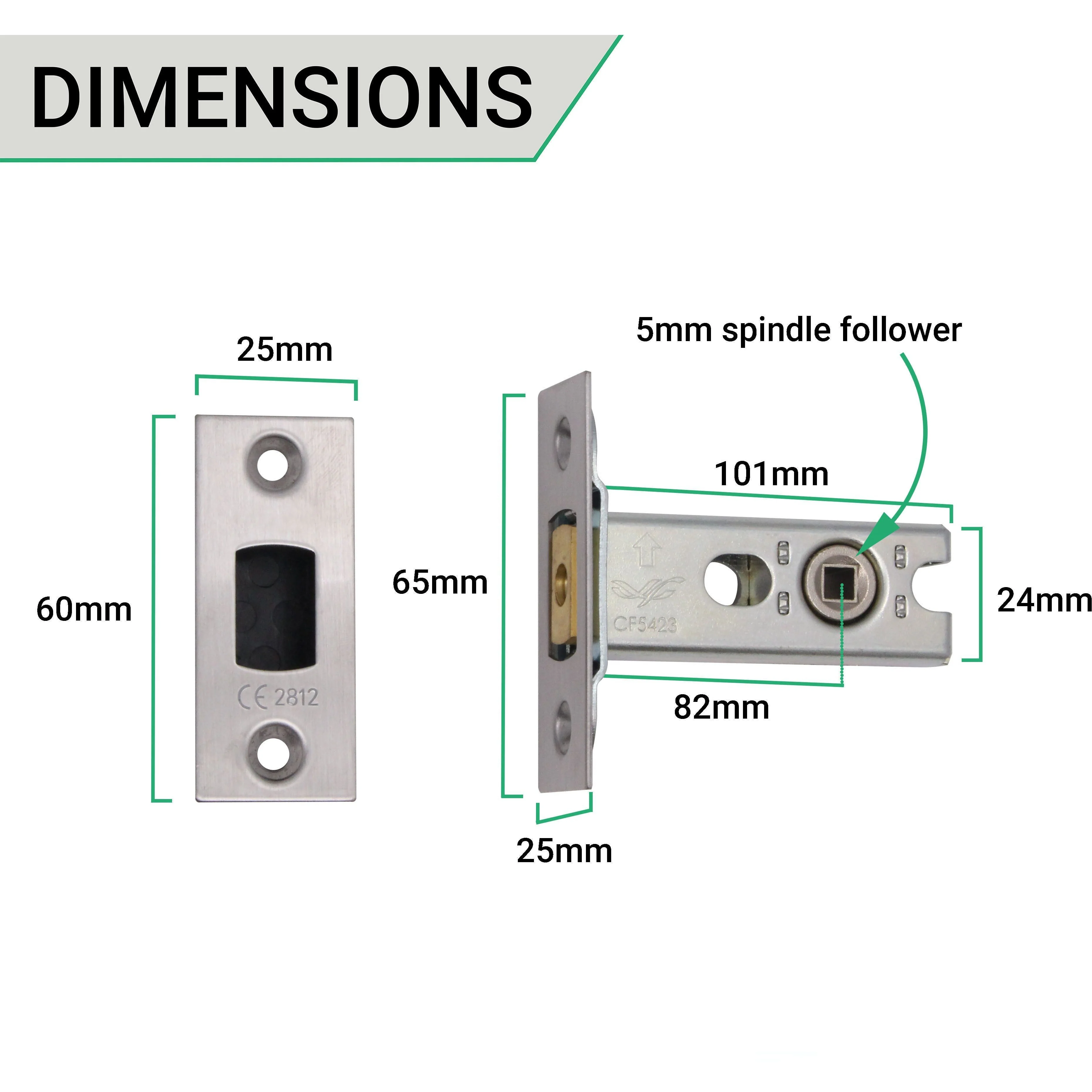 4 inch/101mm Tubular Bathroom Deadbolt Kit - 82mm Backset - Satin Stainless - Image 4