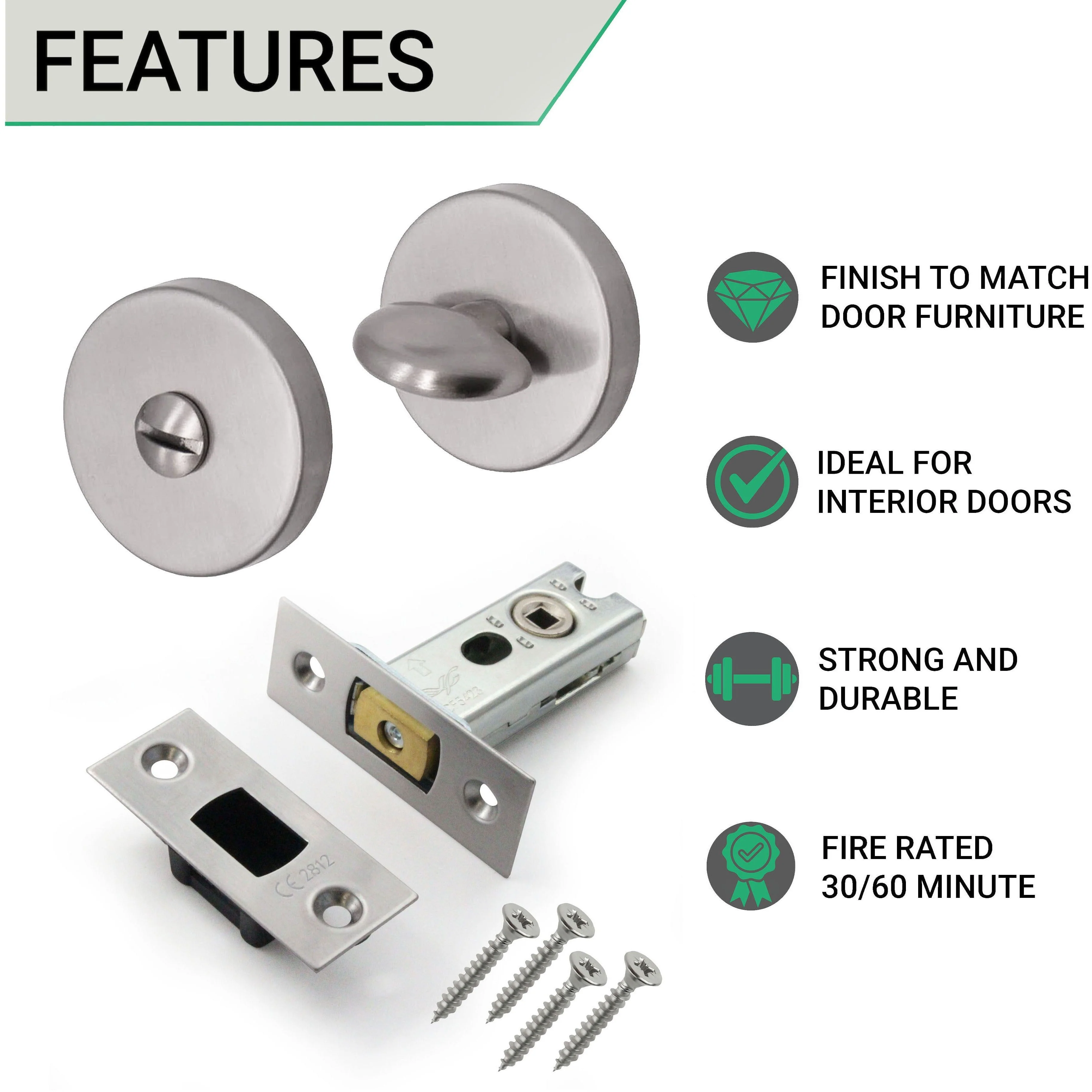 3 inch/76mm Tubular Bathroom Deadbolt Kit - 57mm Backset - Satin Stainless - Image 2