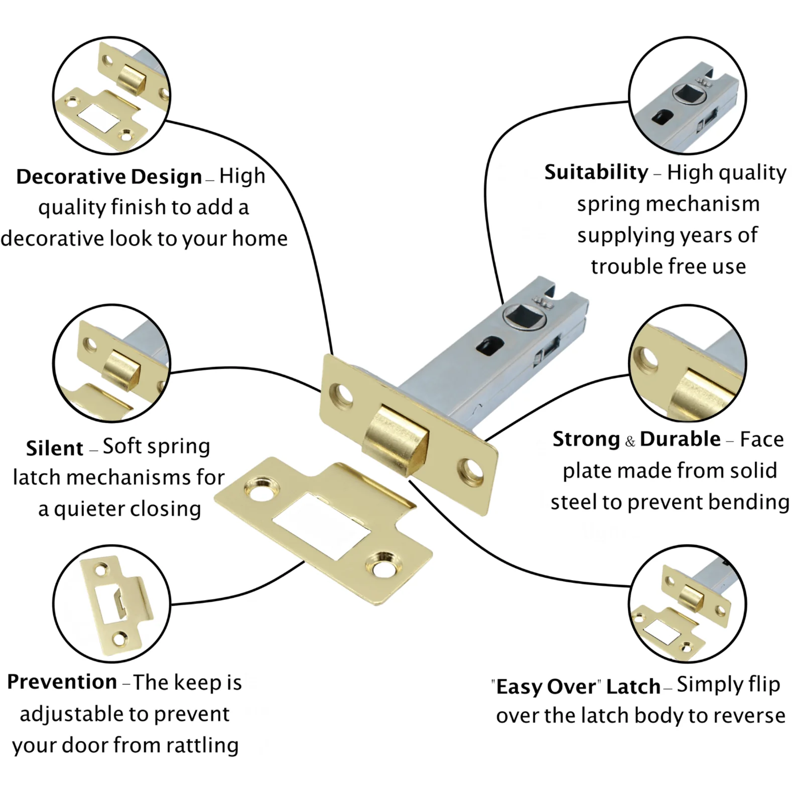 2.5 inch/64mm Economy Tubular Latch - 44m Backset - Brass - Image 2